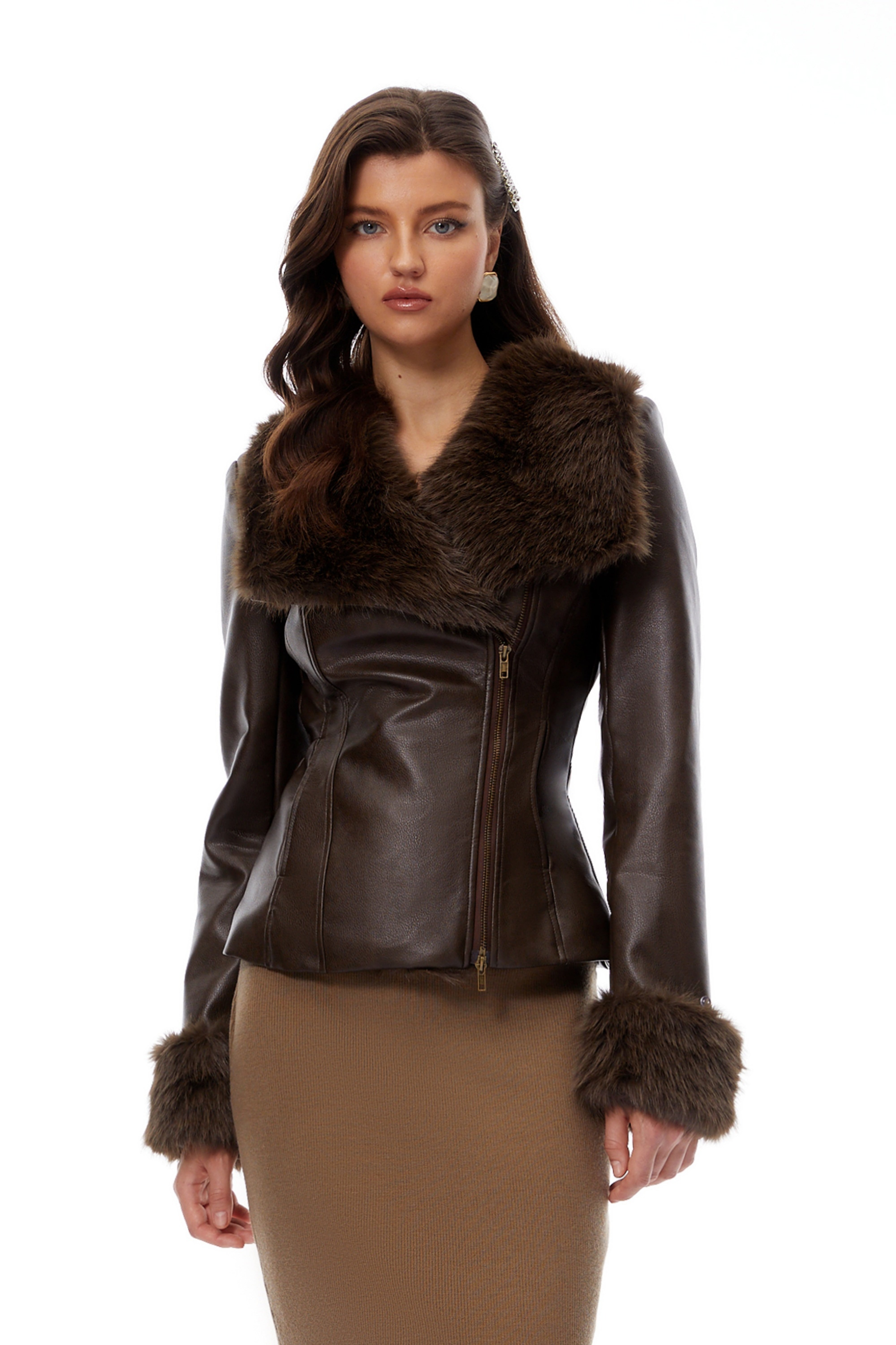 Oakley Brown Fur Panel Leather Biker Jacket (Final Sale-US Only)