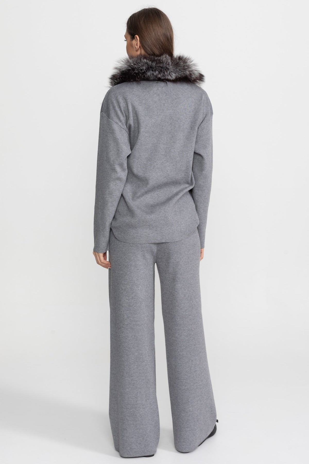 Elodie Grey Knit Lounge Co-Ord Set with Fox Fur Collar