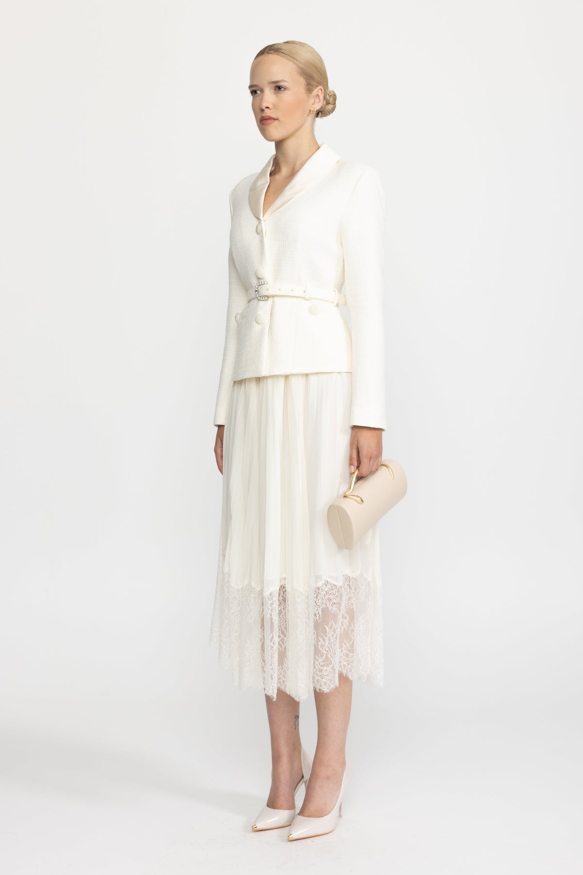 Satin Collar Tweed Jacket Dress with Pleated Lace Skirt - Ivoire