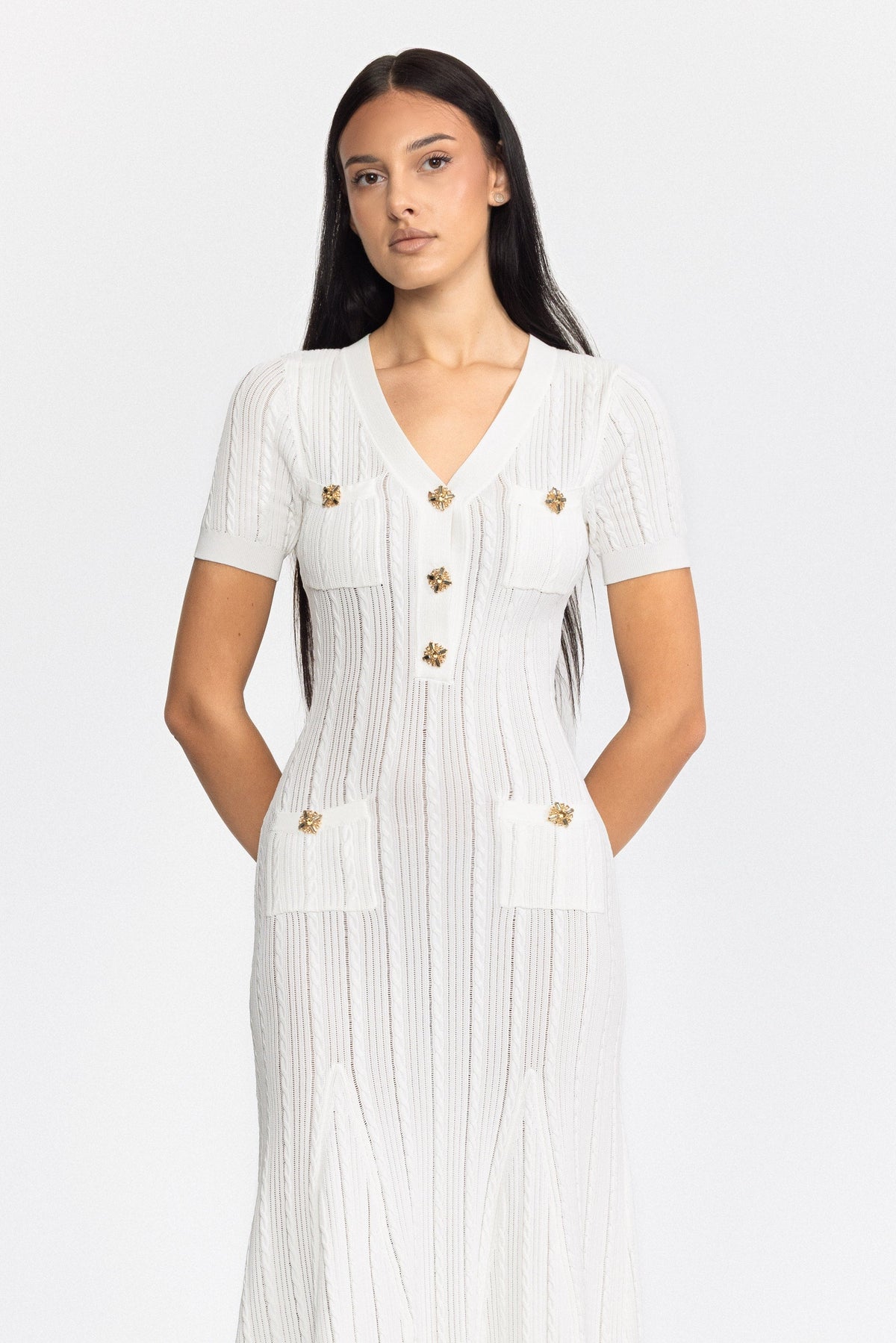 Cable Knit Jewel-Button Midi Dress - White