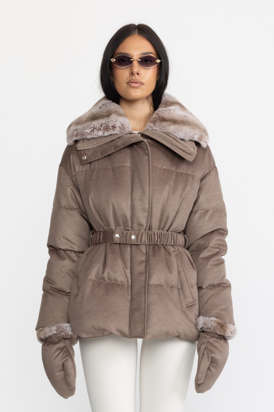 Véronique Rex Rabbit Fur Collar Cotton-Silk Down Jacket - Taupe
