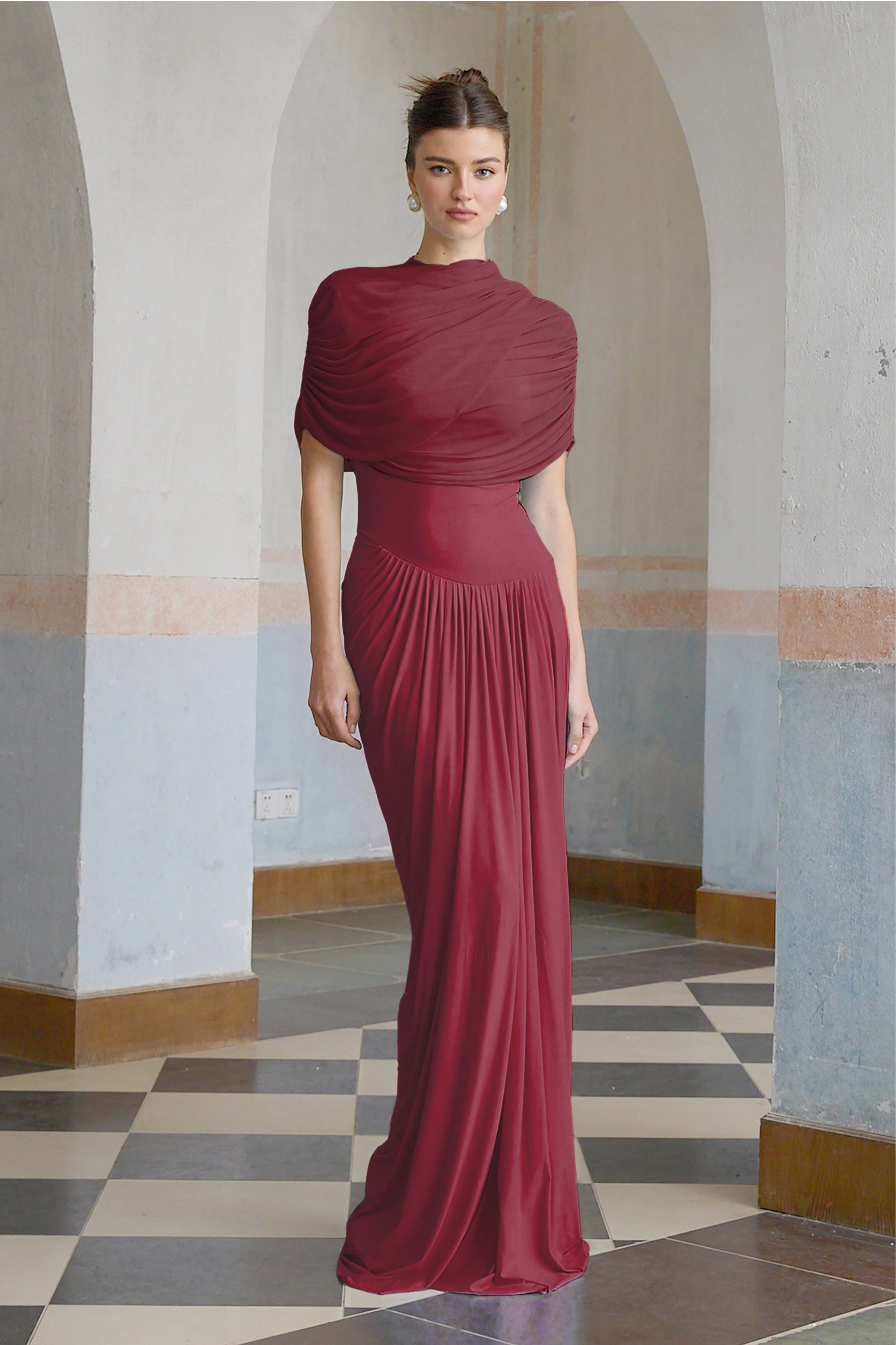 Catherine asymmetric pleated maxi dress in Red
