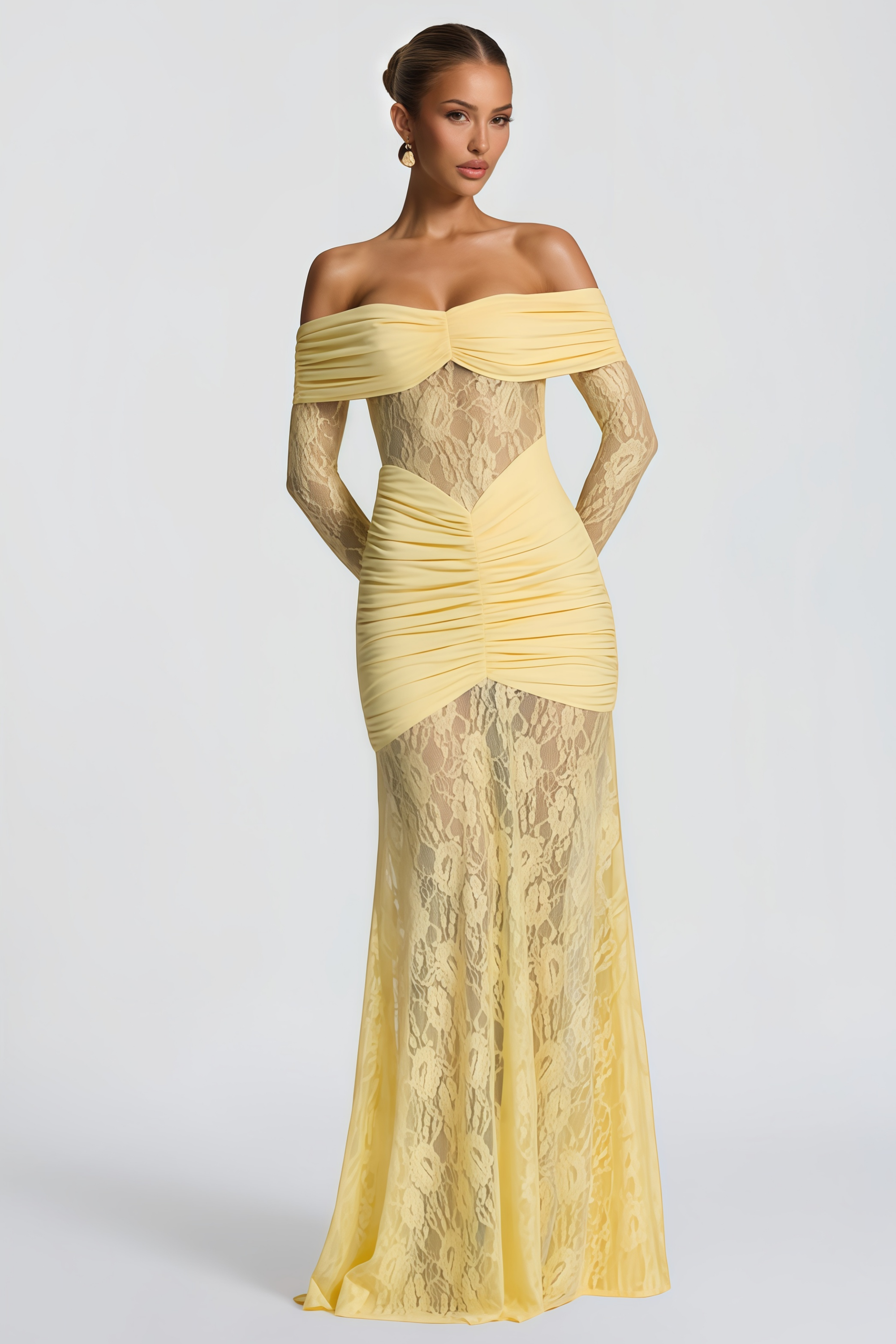 Brigitte Yellow Lace Panel Ruched Maxi Dress (Final Sale-US Only)