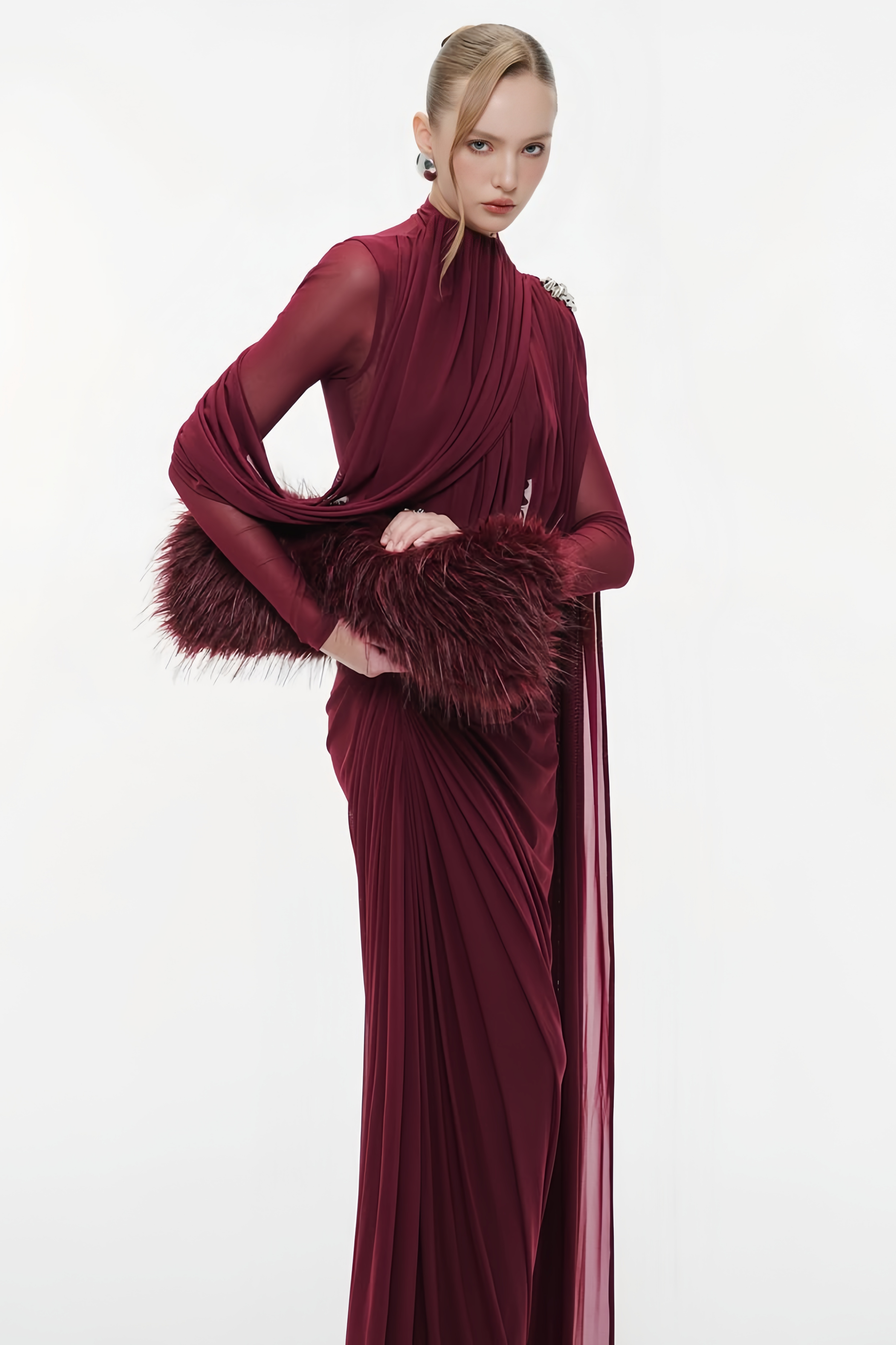 Newton Red Asymmetrical Ribbon Ruched Maxi Dress