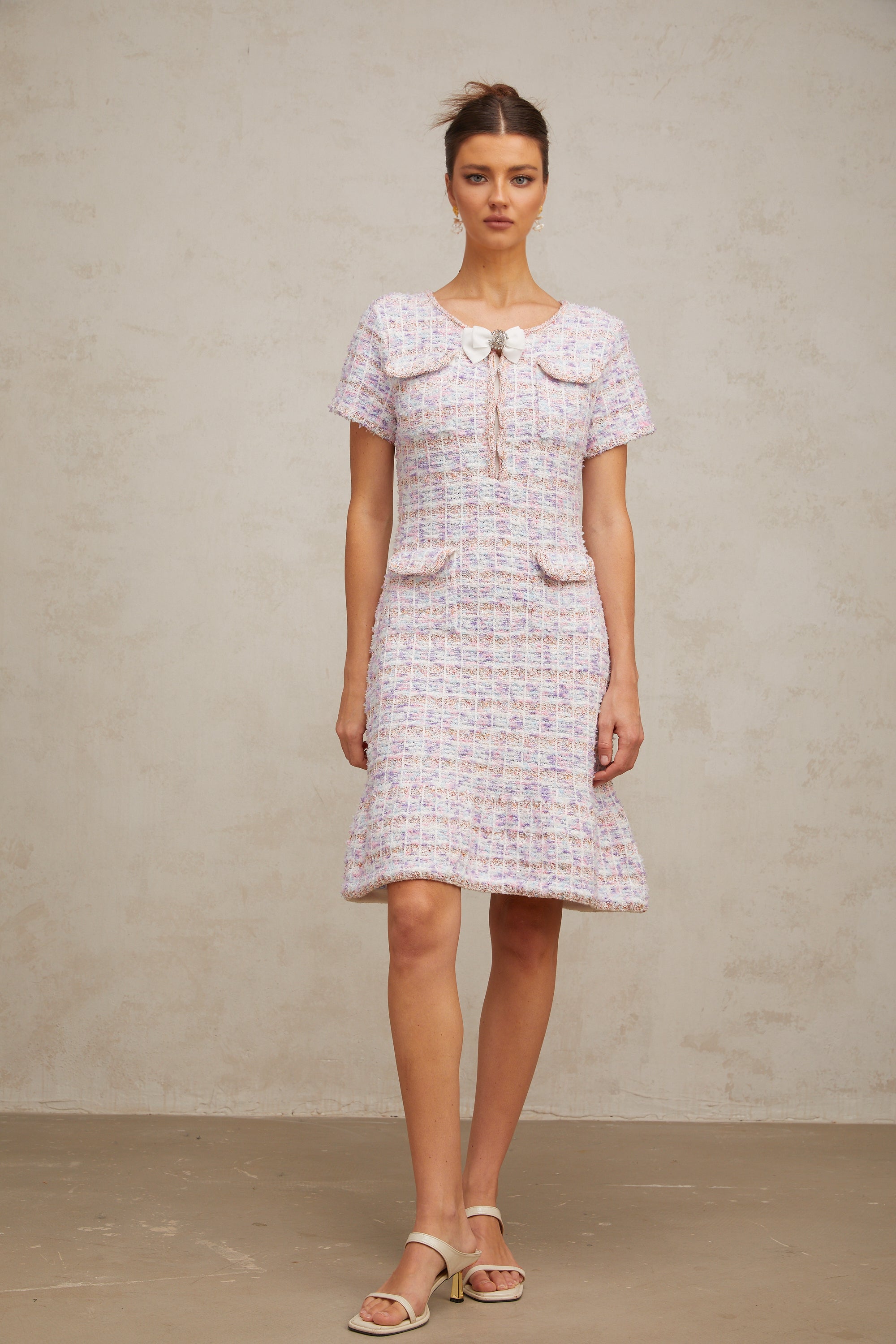 Hyacinthe purple checked knit midi dress