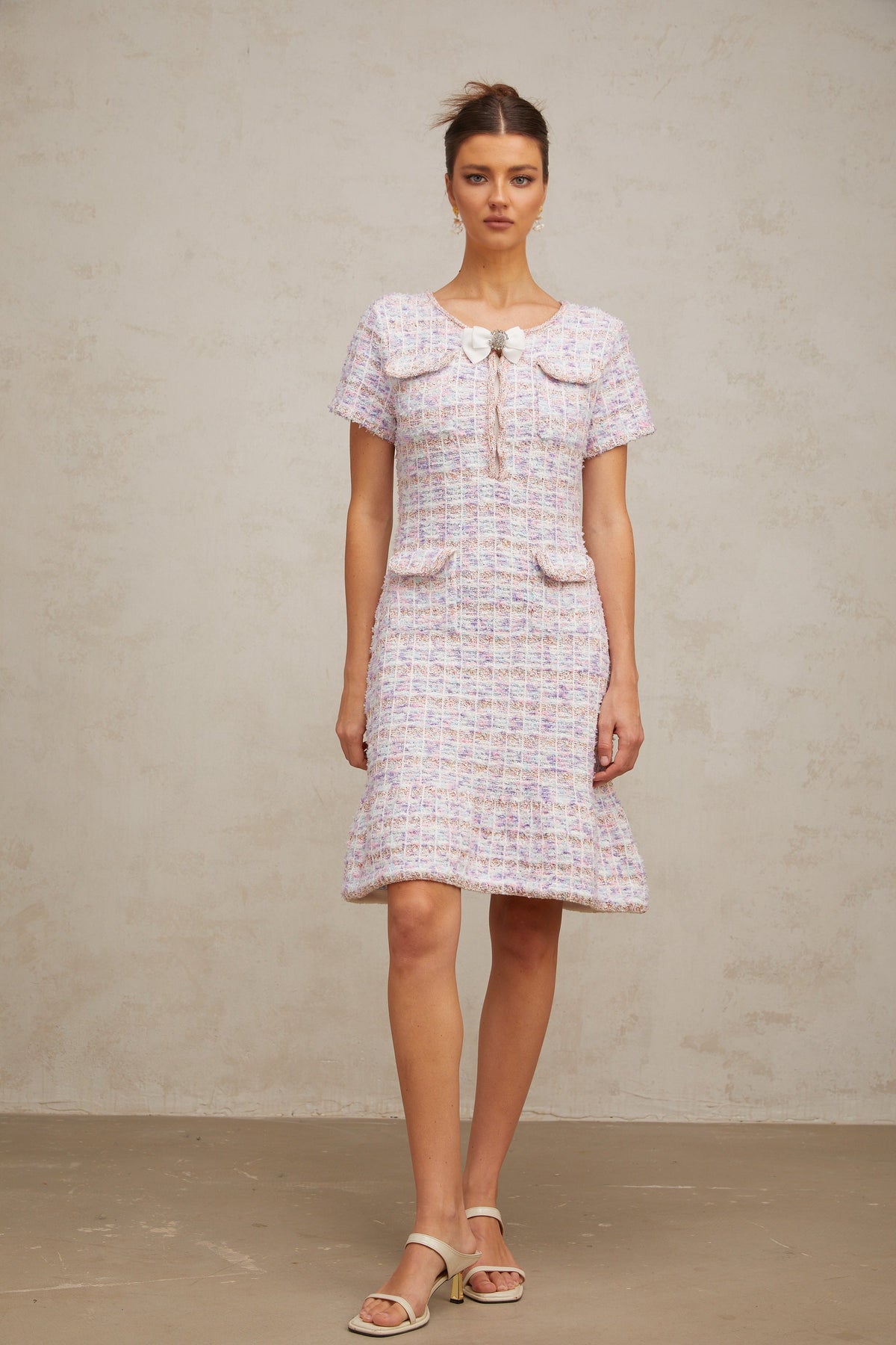 Hyacinthe purple checked knit midi dress