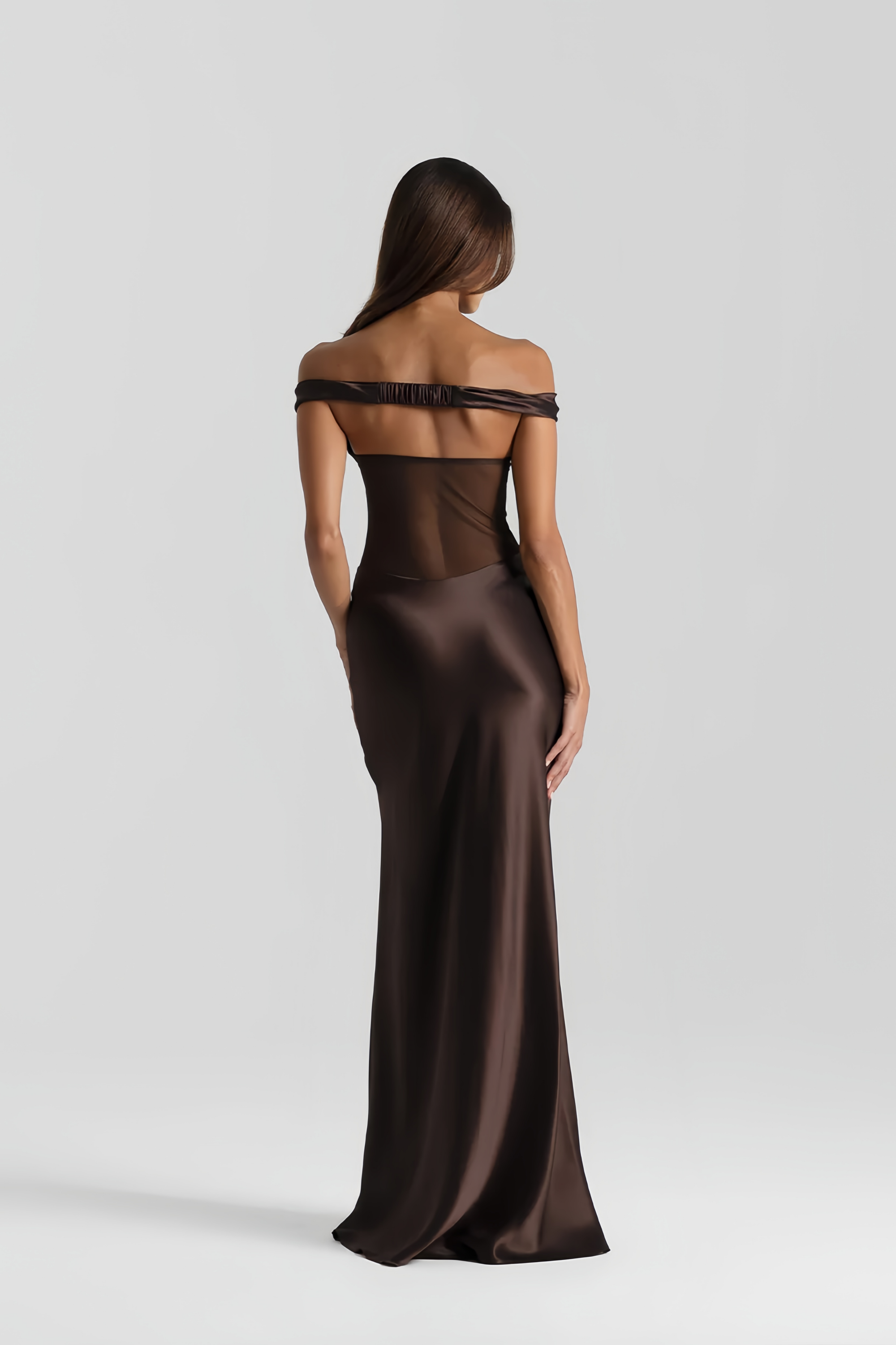 Gitta Brown Off Shoulder Satin Maxi Gown