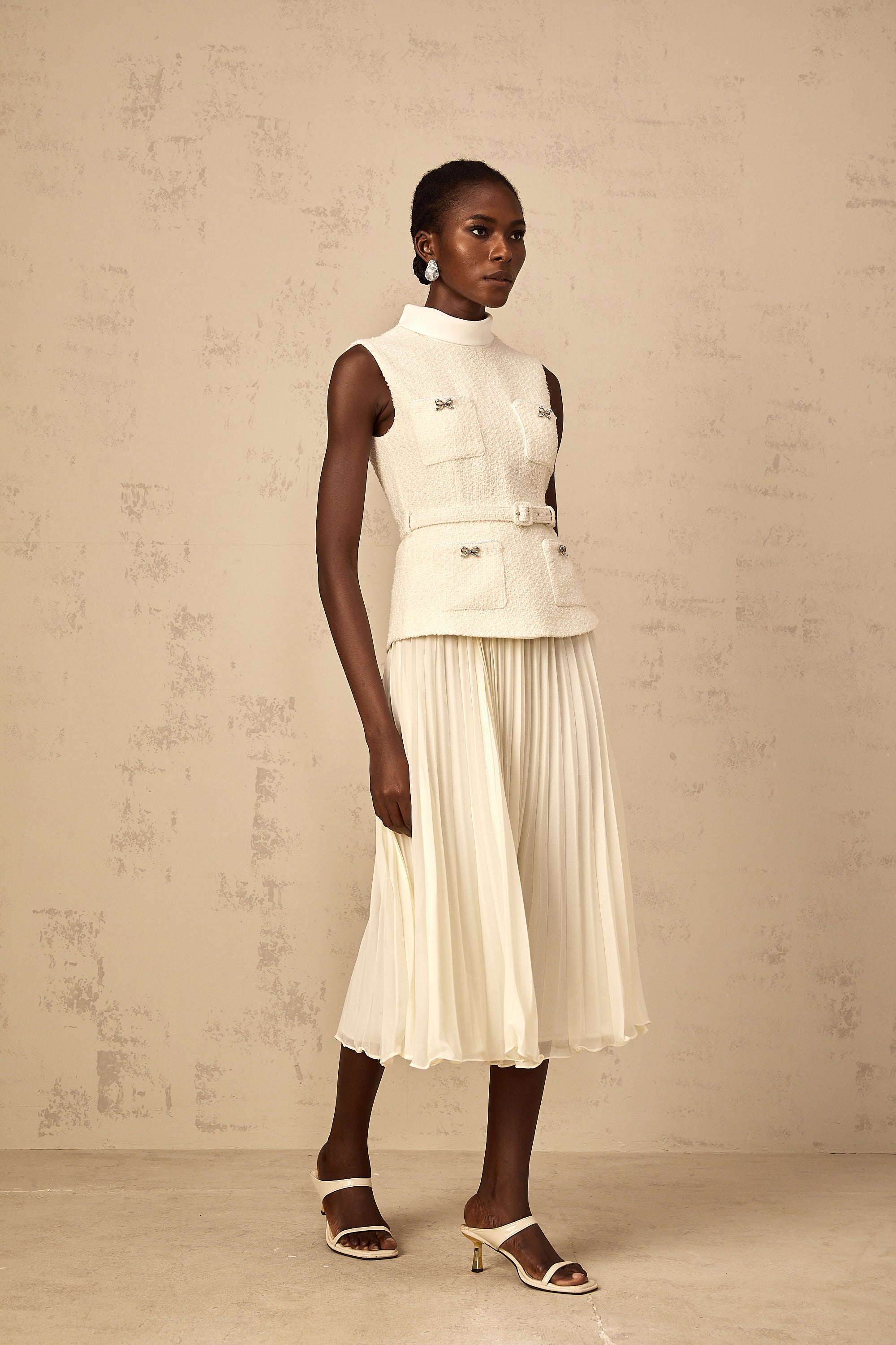Dulcie Off-White Tulle Panel Tweed Midi Dress