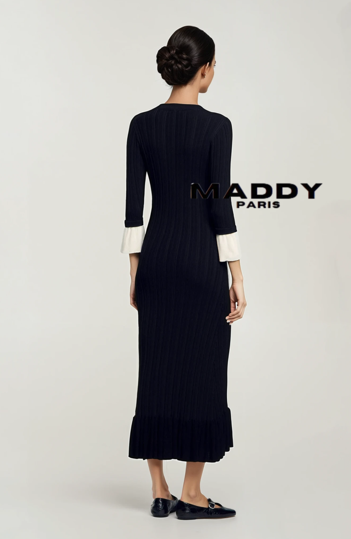 MADDY LION CREPE LONG SLEEVE MIDI DRESS TWO-TONE JERSEY - BLACK