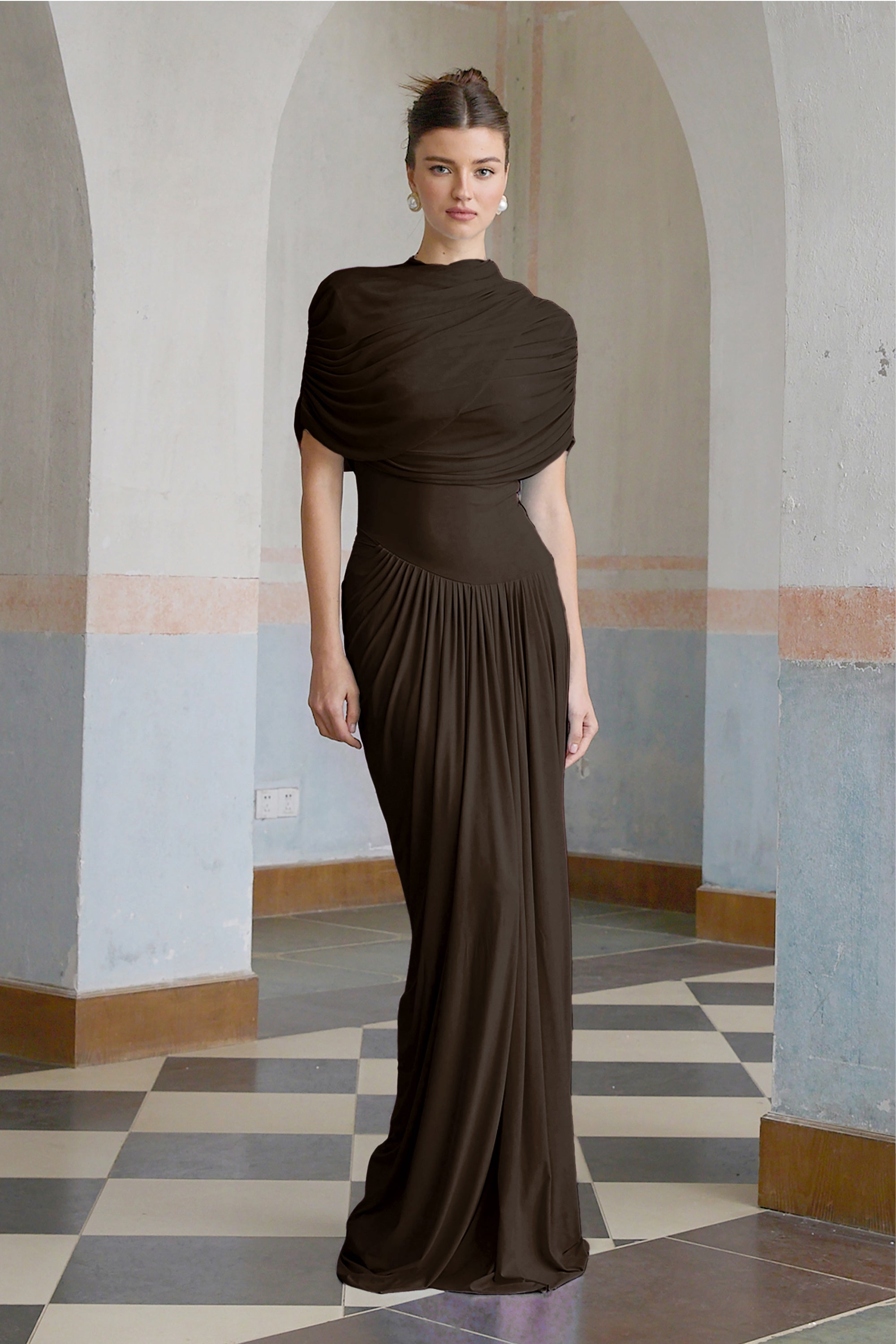 Catherine asymmetrical pleated maxi dress in Brown