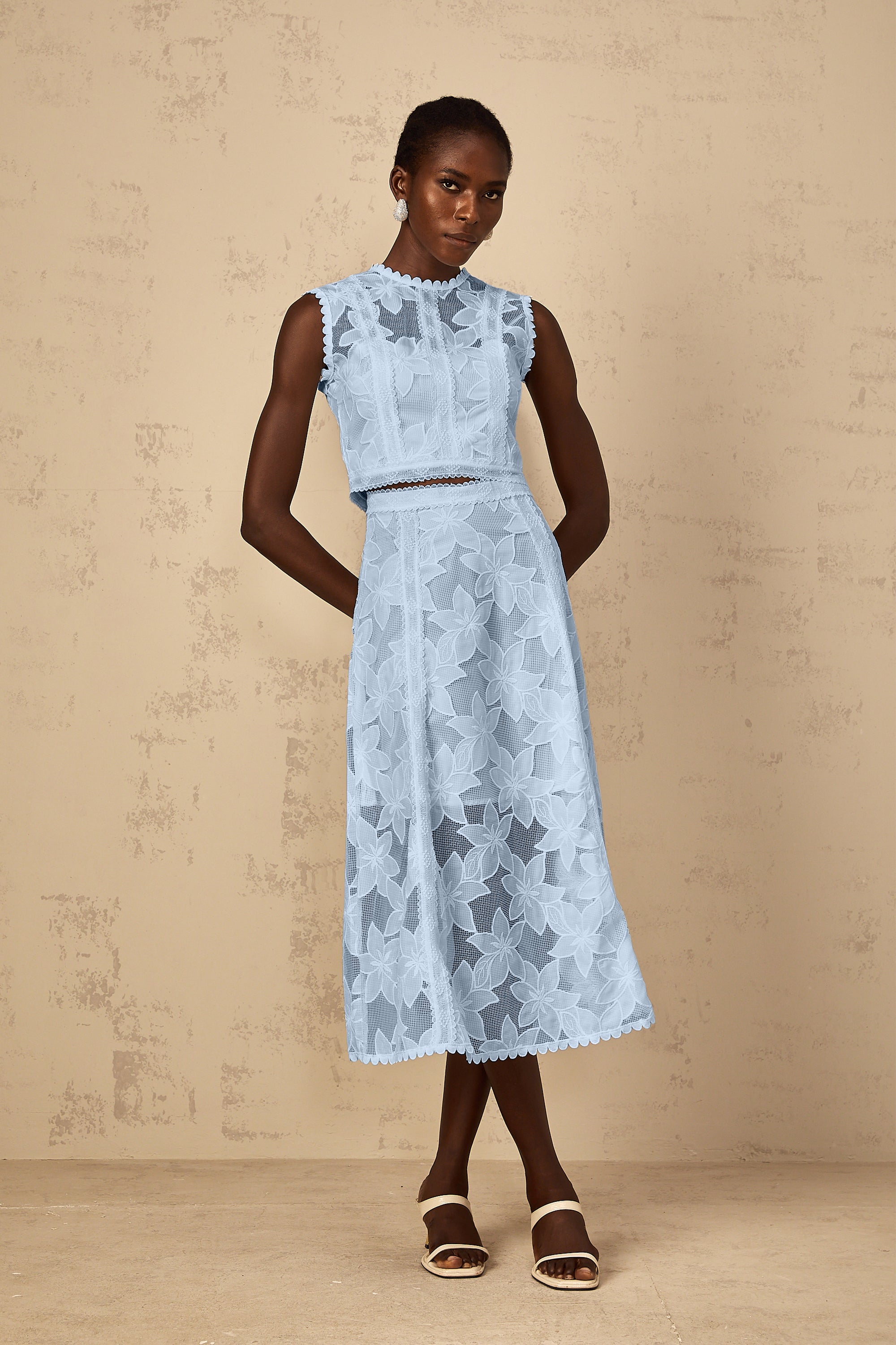 Mailys Blue Floral Embroidered Top & Skirt Set