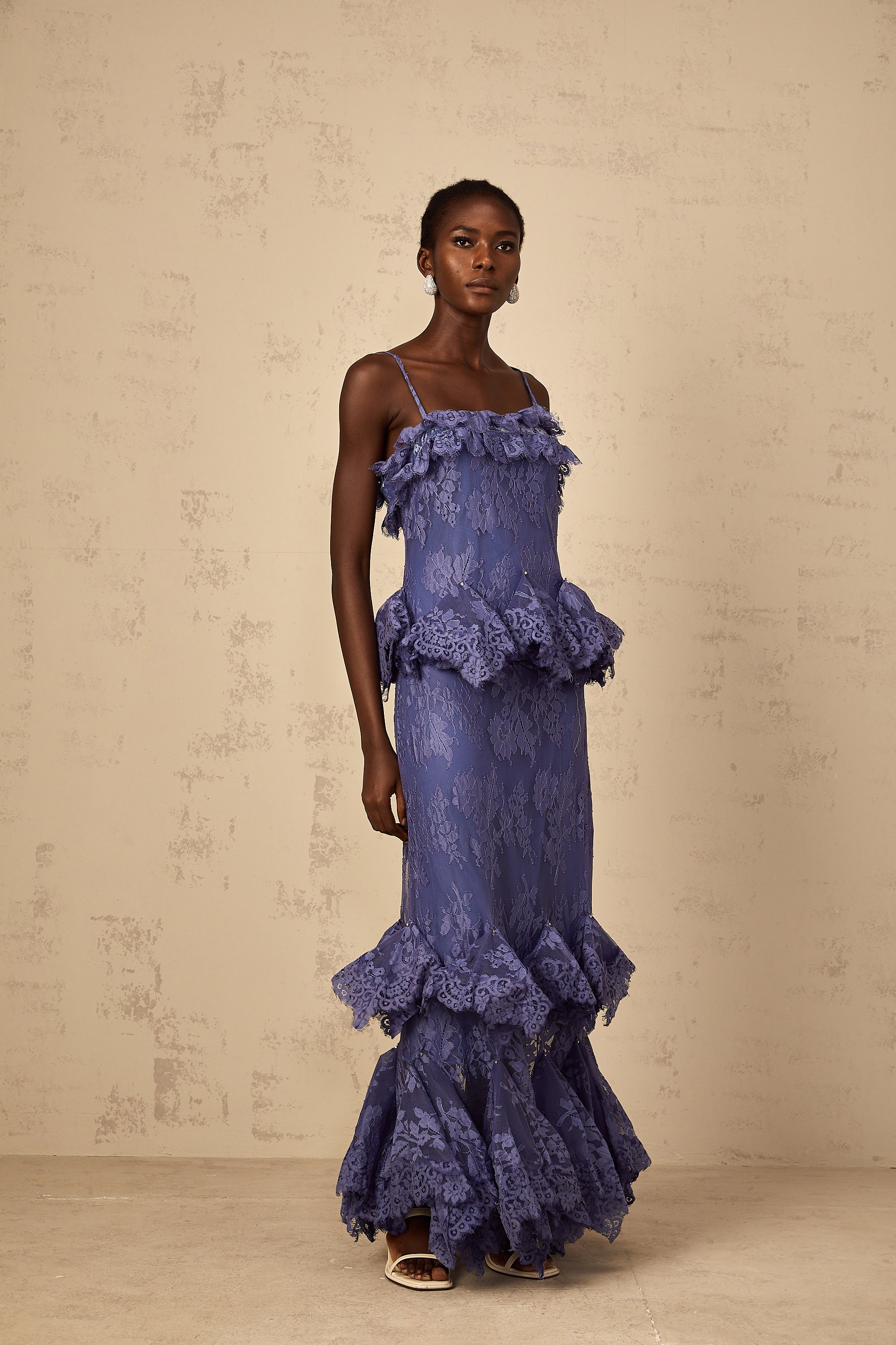 Héloïse Purple Floral Lace Ruffled Maxi Dress