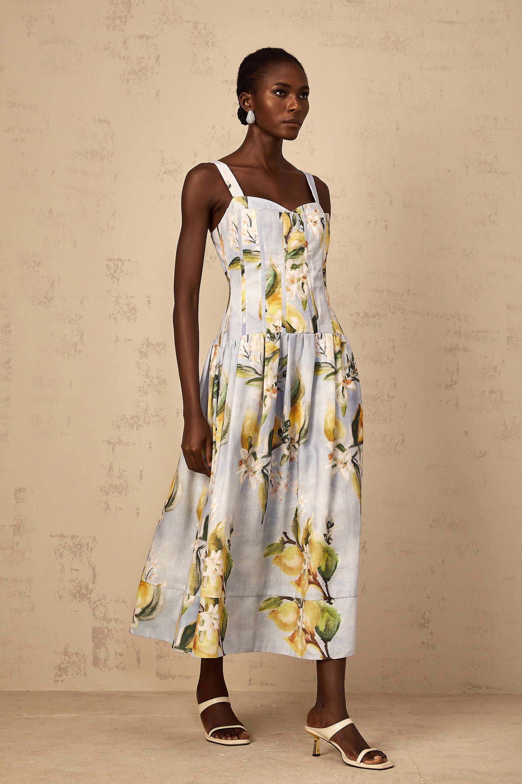 Esmée Blue Cottagecore Shirred Floral Midi Dress