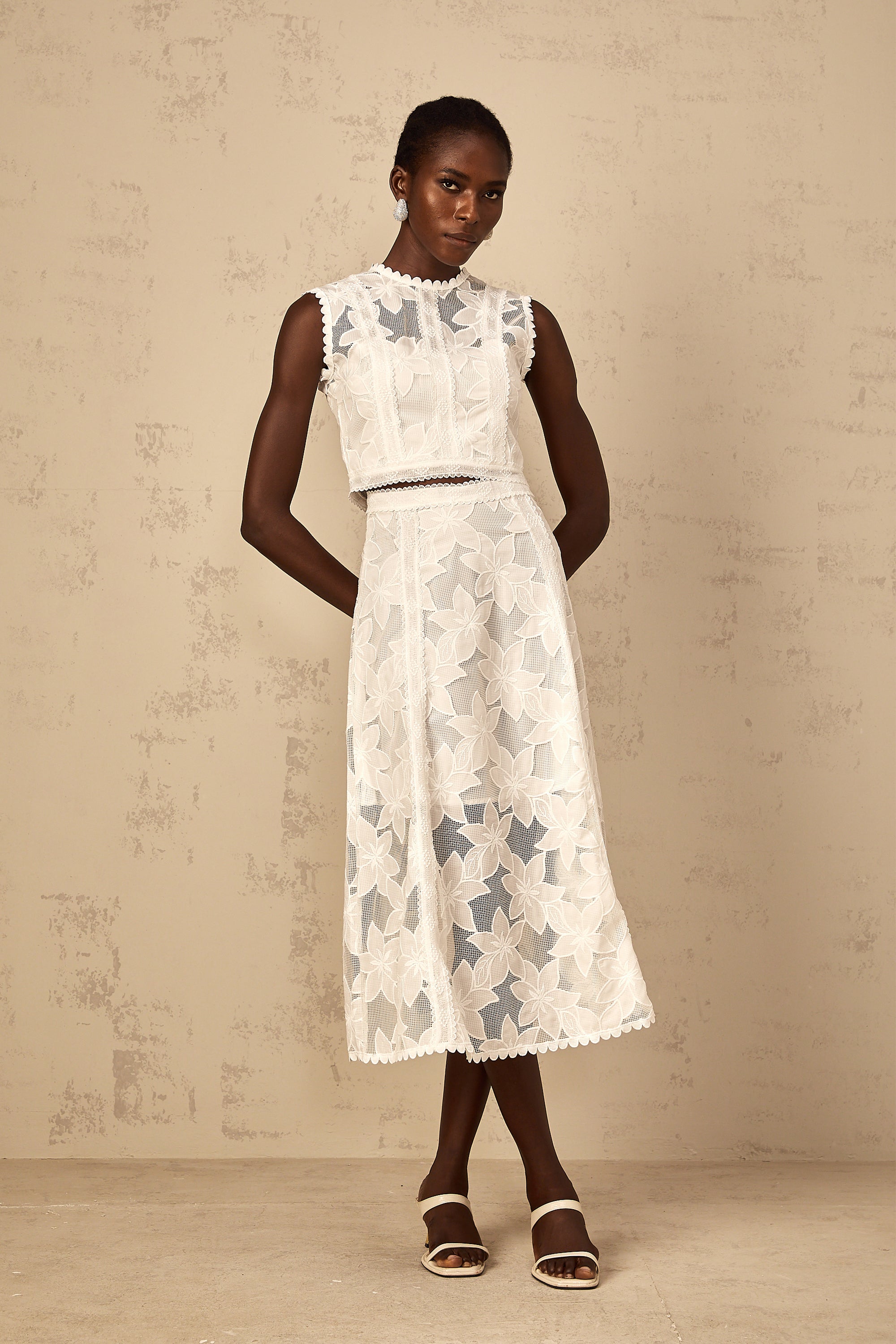 Mailys Floral Embroidered Top & Skirt Set in White