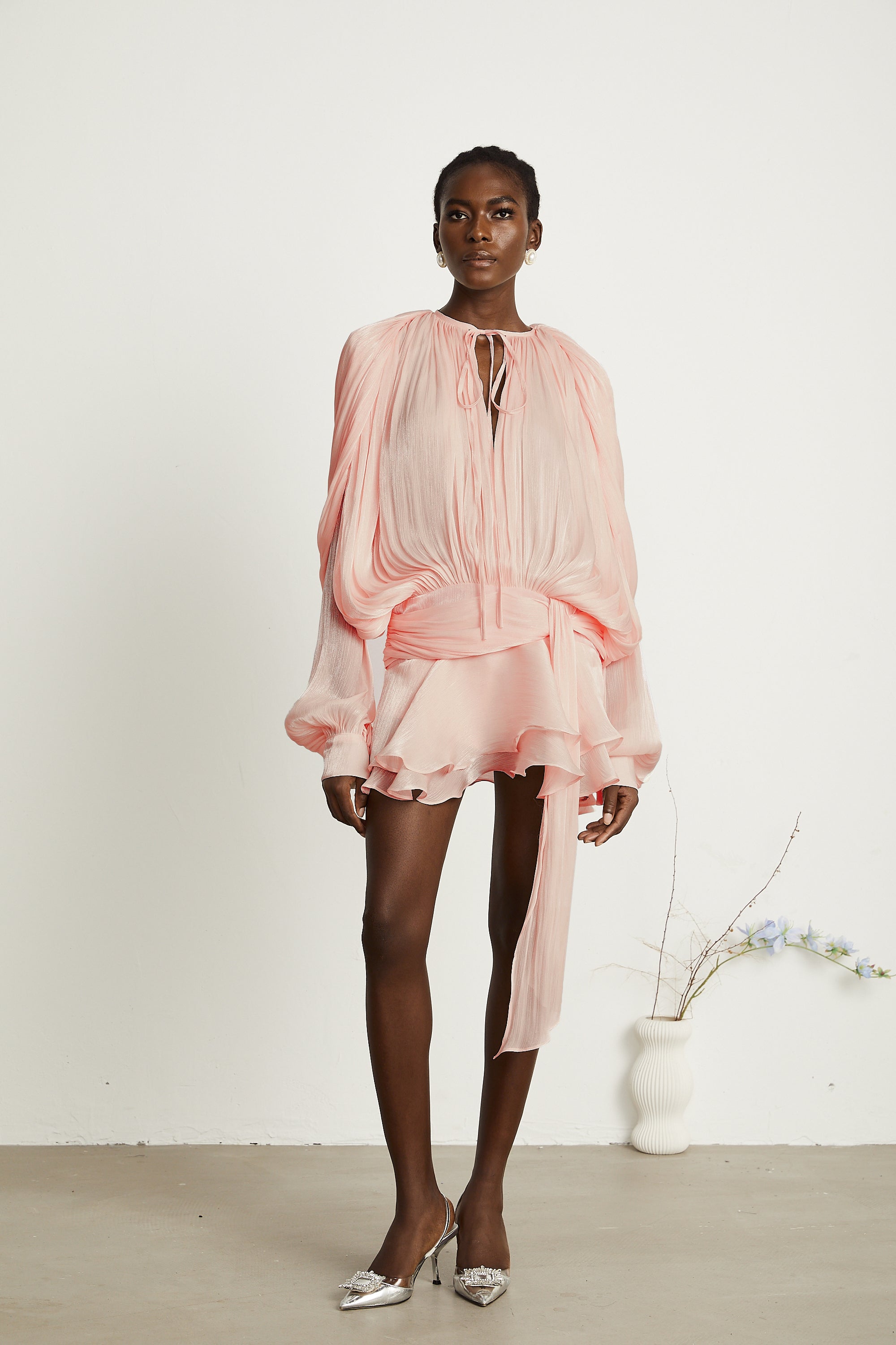 Eugénie fully-pleated ruffled mini dress in Pink