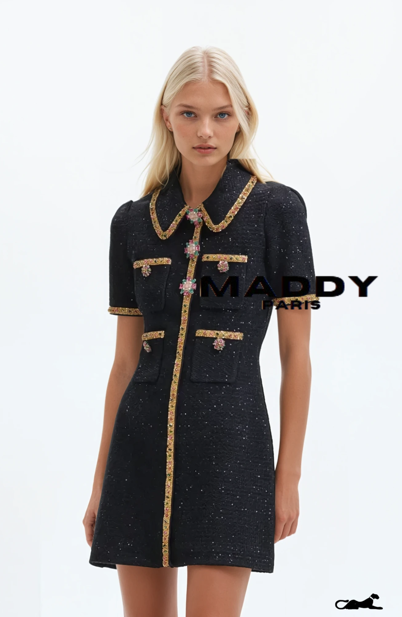 GISELLE TWEED EMBELLISHED MINI DRESS - BLACK