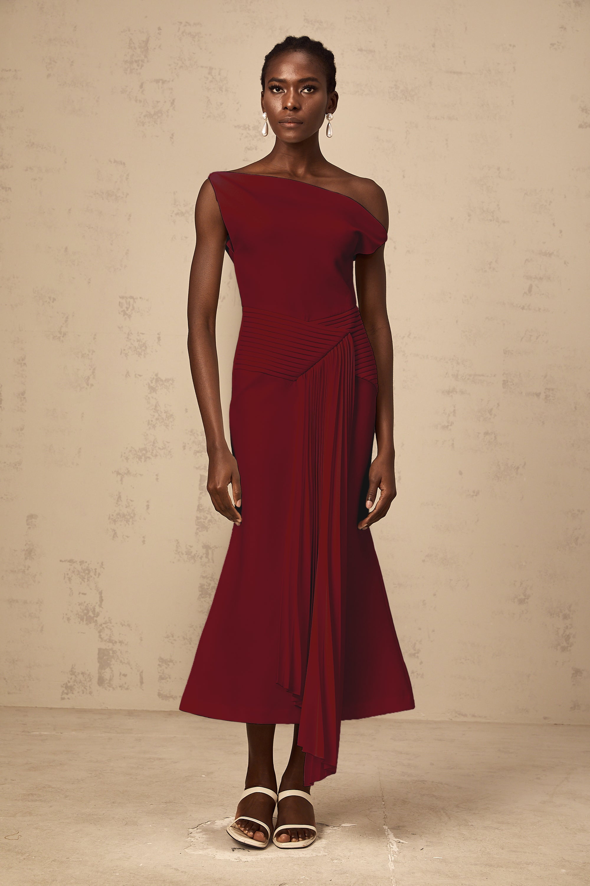 Laurine asymmetrical draped midi dress in Burgundy