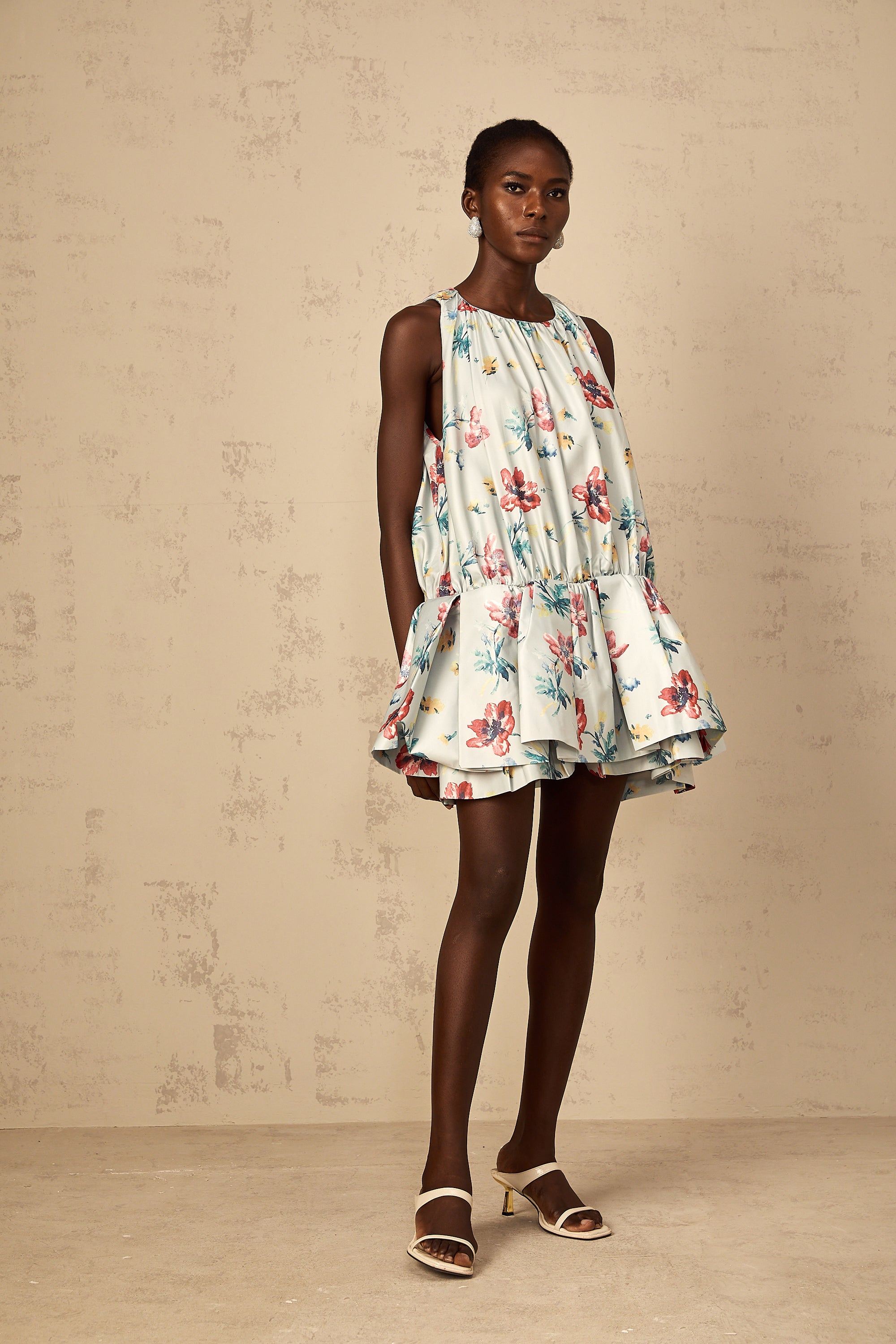 Wendy Green Floral Print Shirred Mini Dress