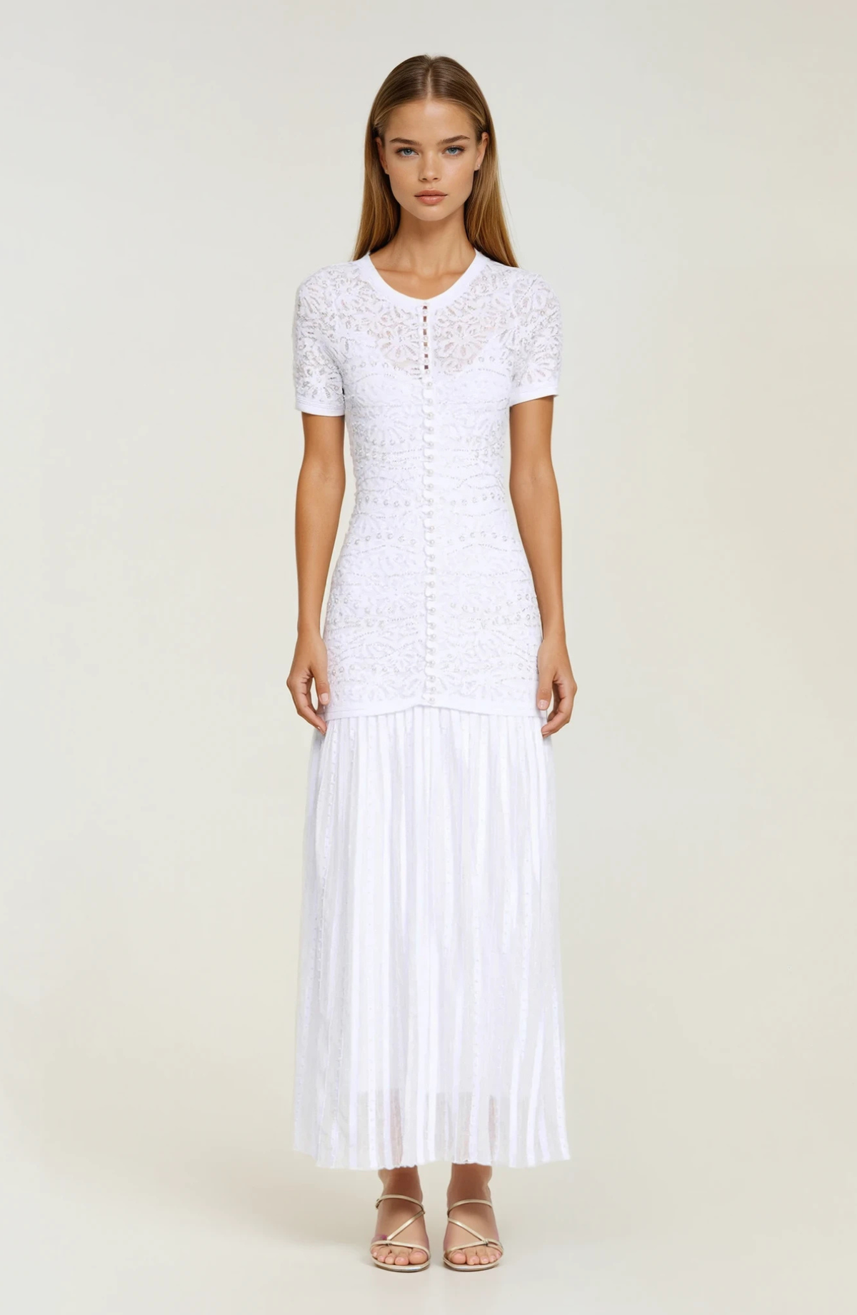 Sandro Celeste Embellished Knit Maxi Dress with Cropped Pearled Cardigan - Pearl White