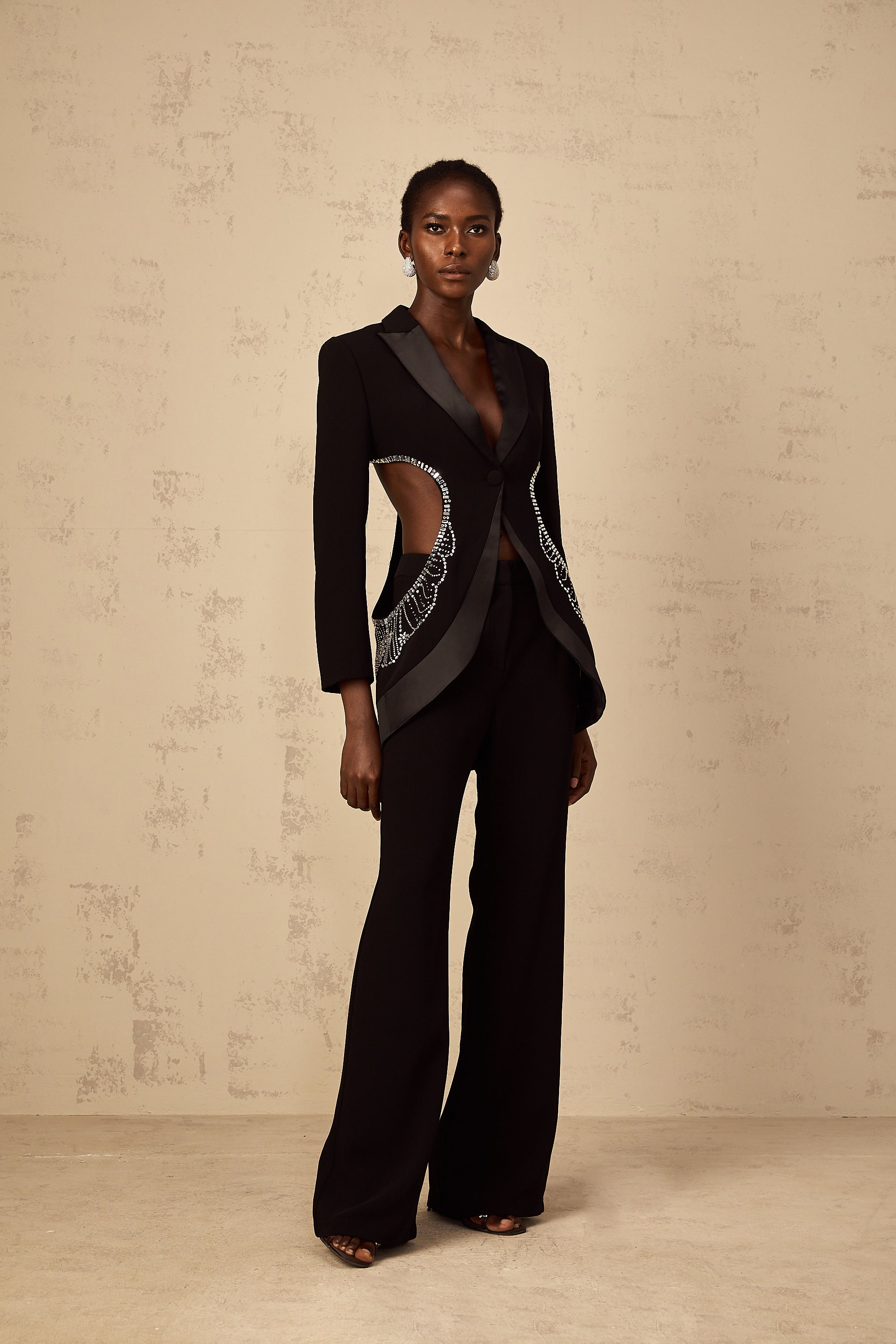 Annabelle Black Cut-Out Embellished Blazer & Trousers Set