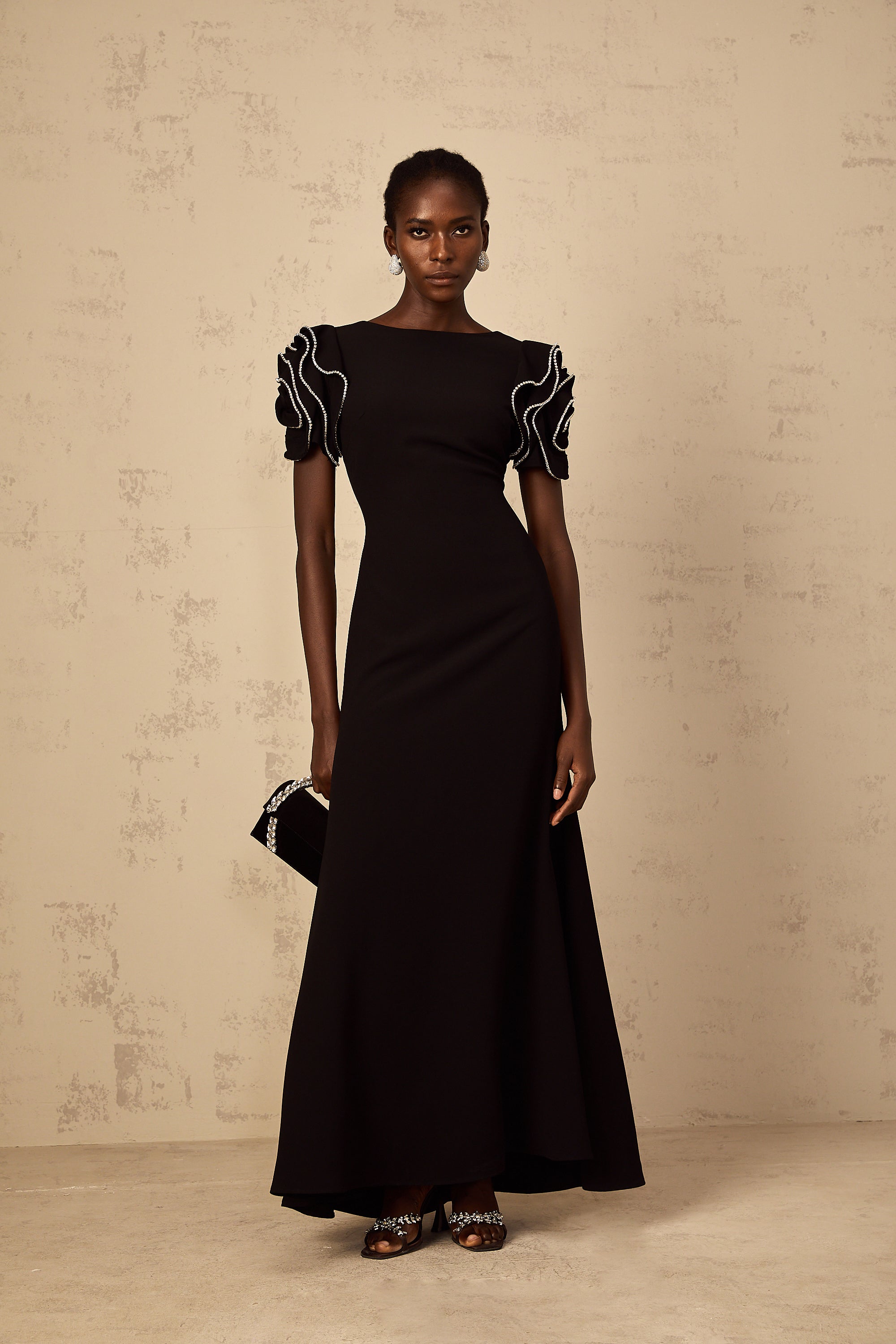 Bruyère Black Ruffled Embellished Maxi Dress