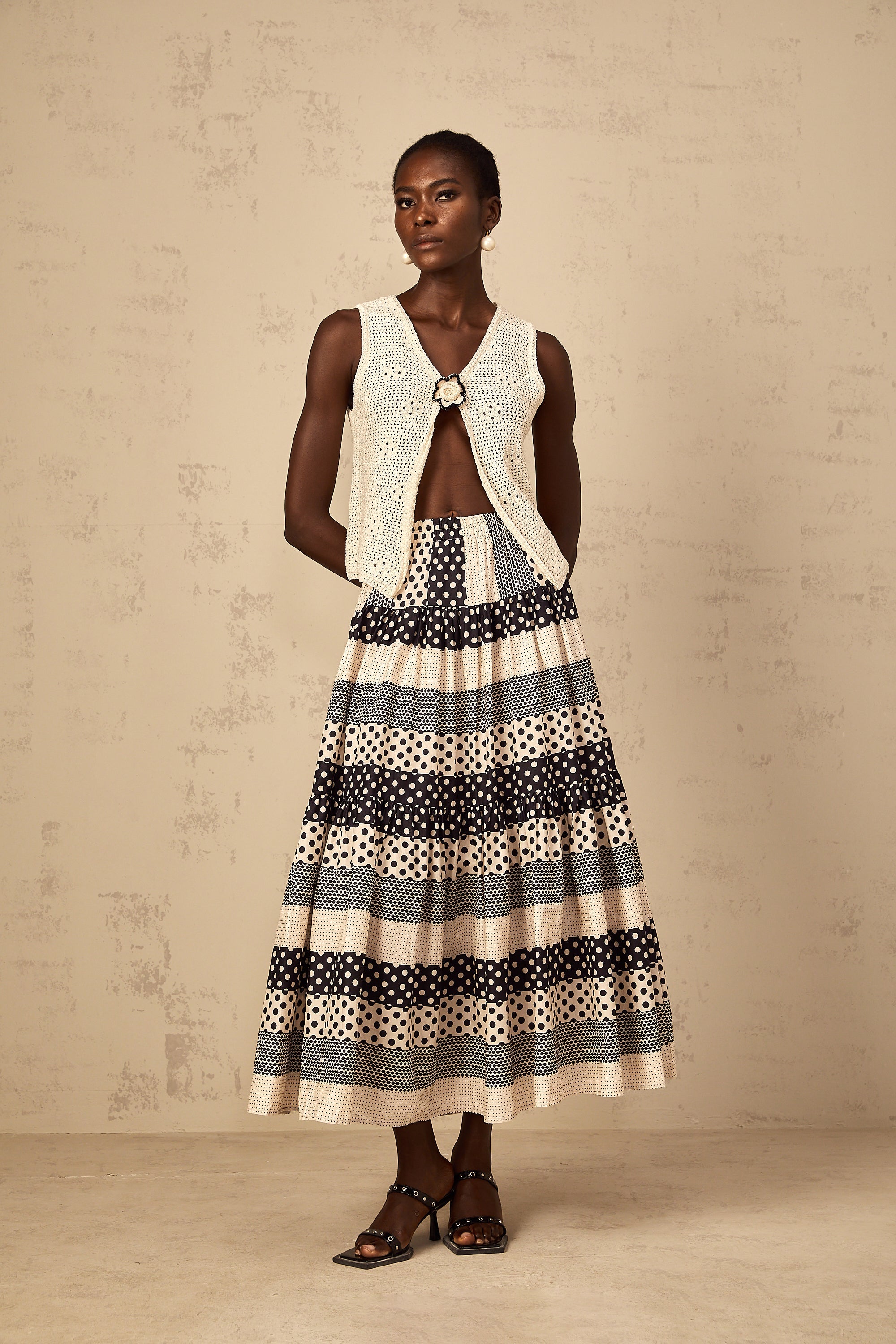 Joséphine Color Block Shirred Polka Dot Skirt