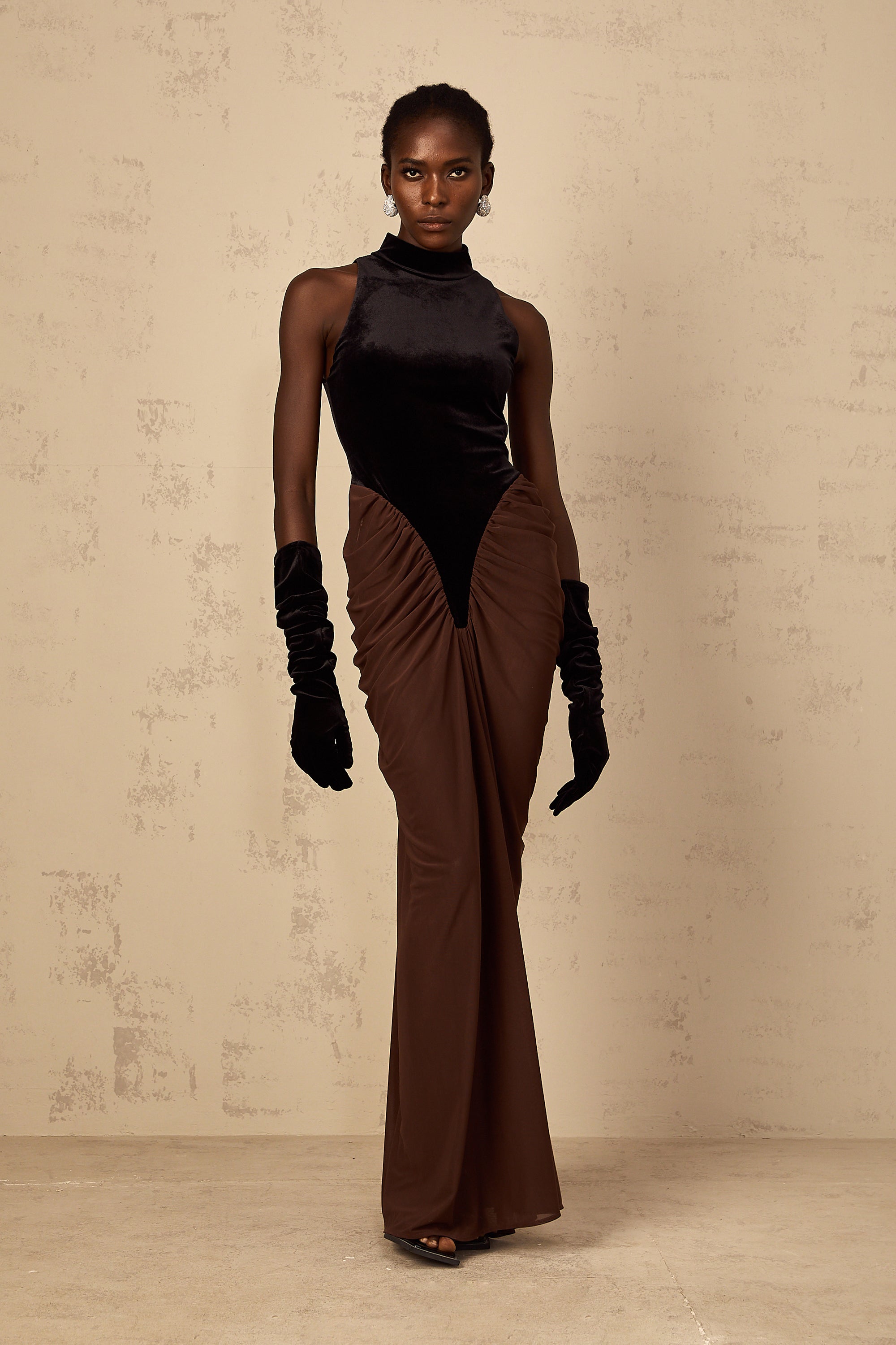 Mathilde brown velvet-panel ruched maxi dress