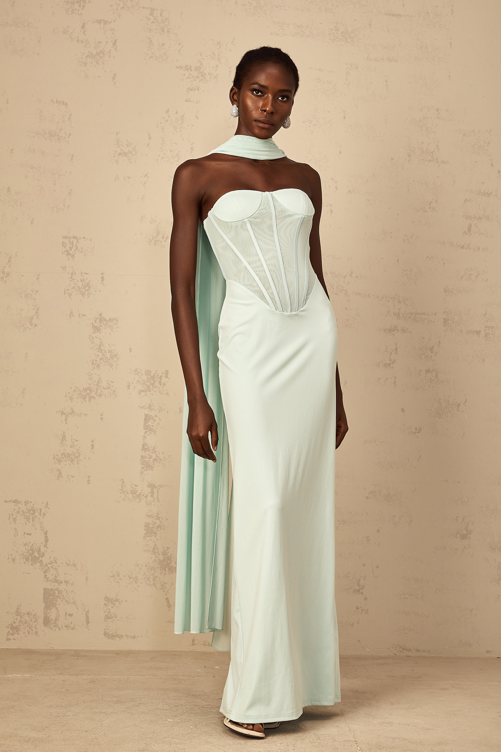 Béryl Tulle Panel Corset Maxi Dress in Mint Green