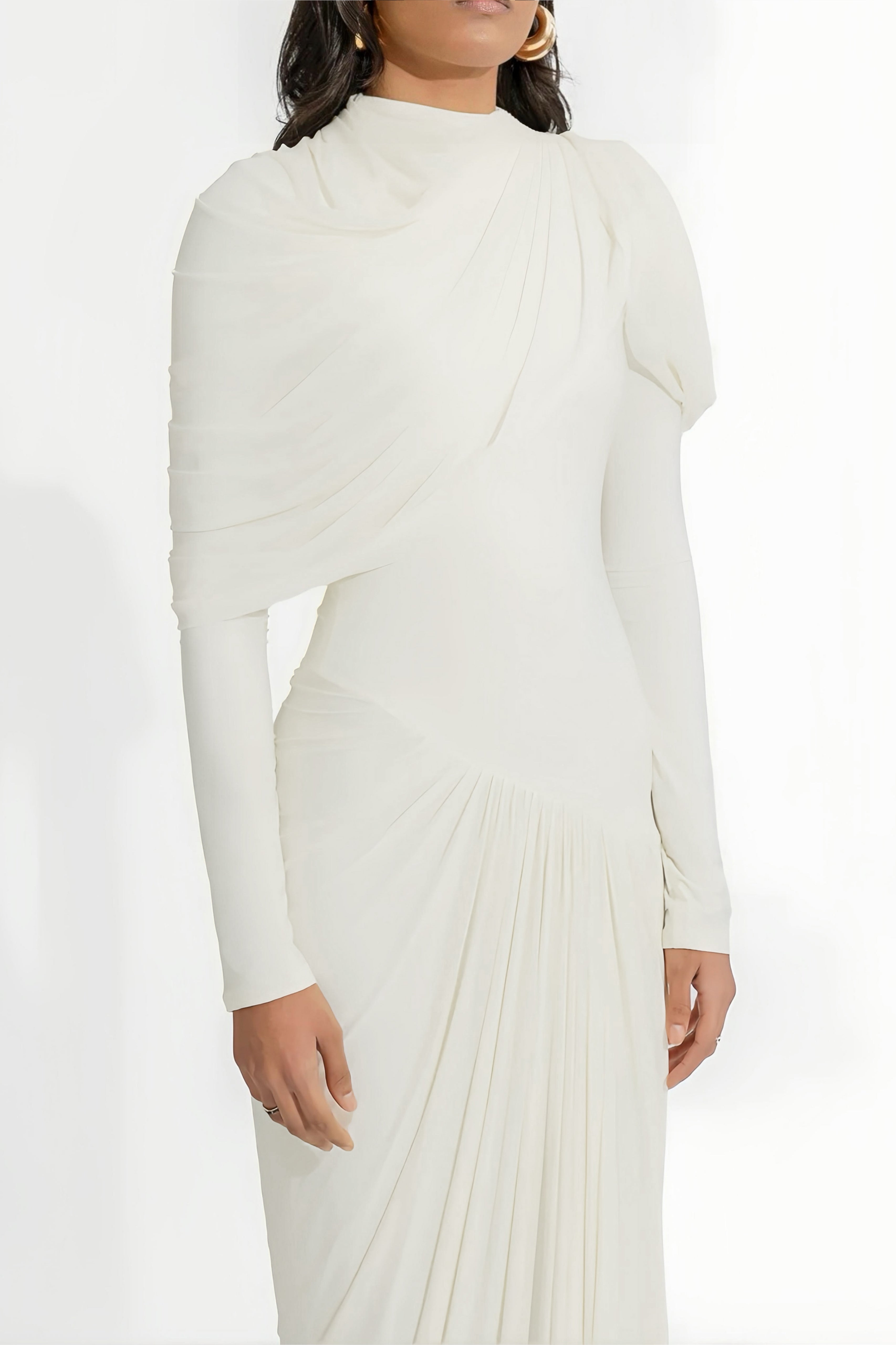 Bronwyn White Draped Pleated Asymmetrical Maxi Dress