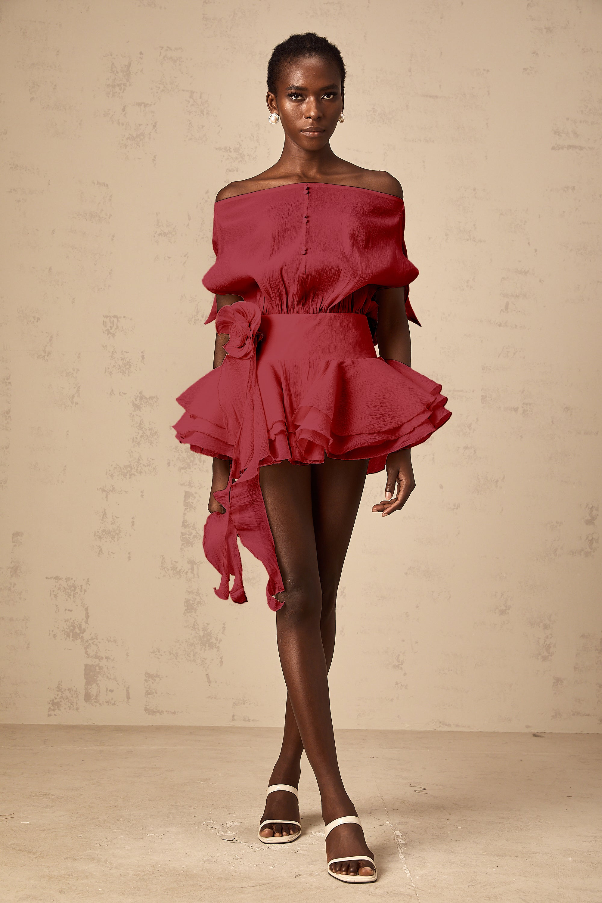 Amélie Red Floral Appliqué Flounced Mini Dress