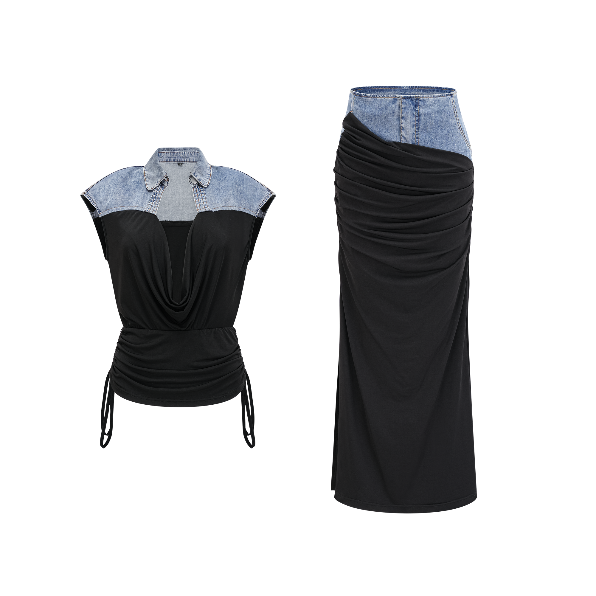 Nala jersey-panelled denim top & skirt matching set (Final Sale)