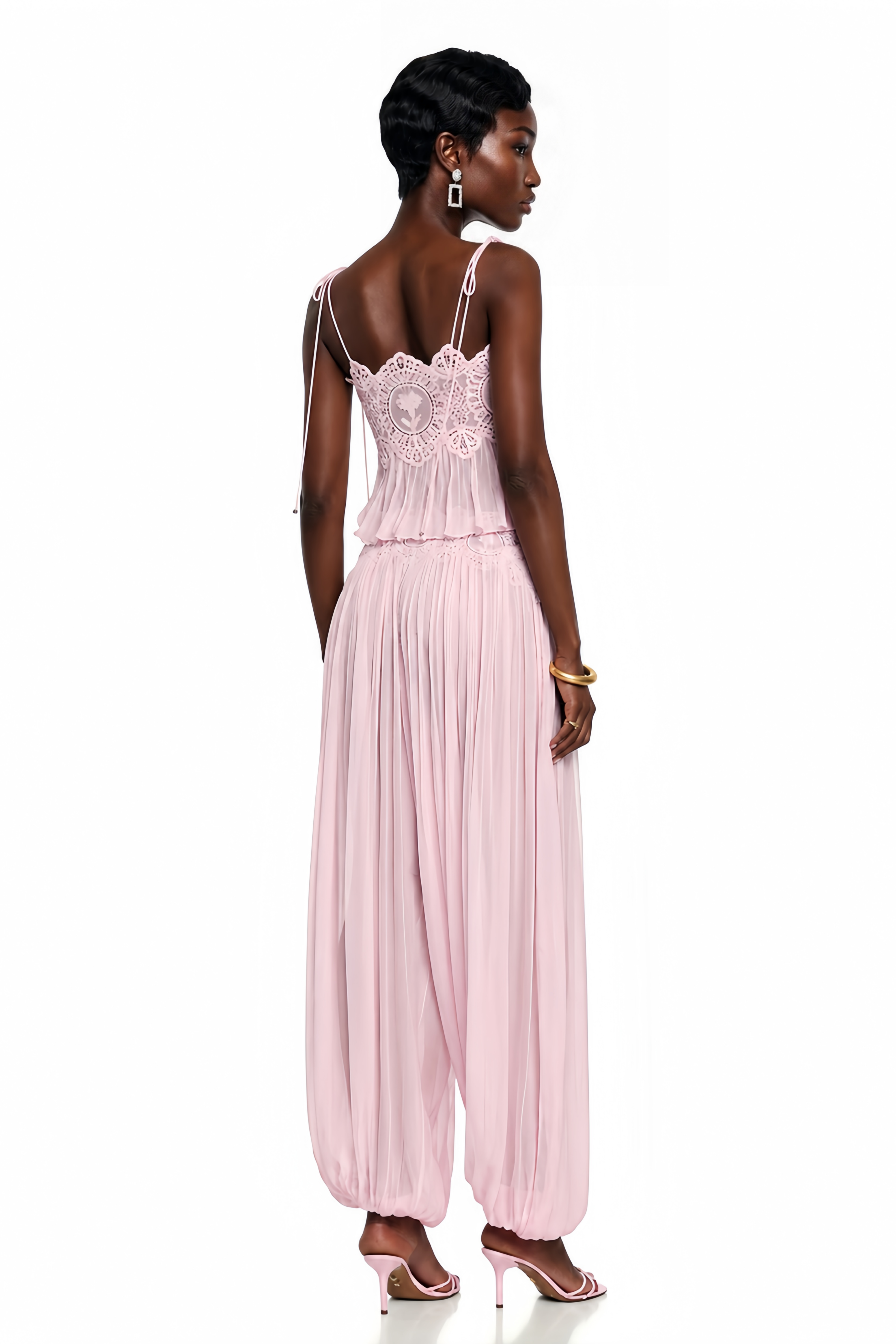 Kamila Pink Lace Trim Ruched Top & Trouser Set