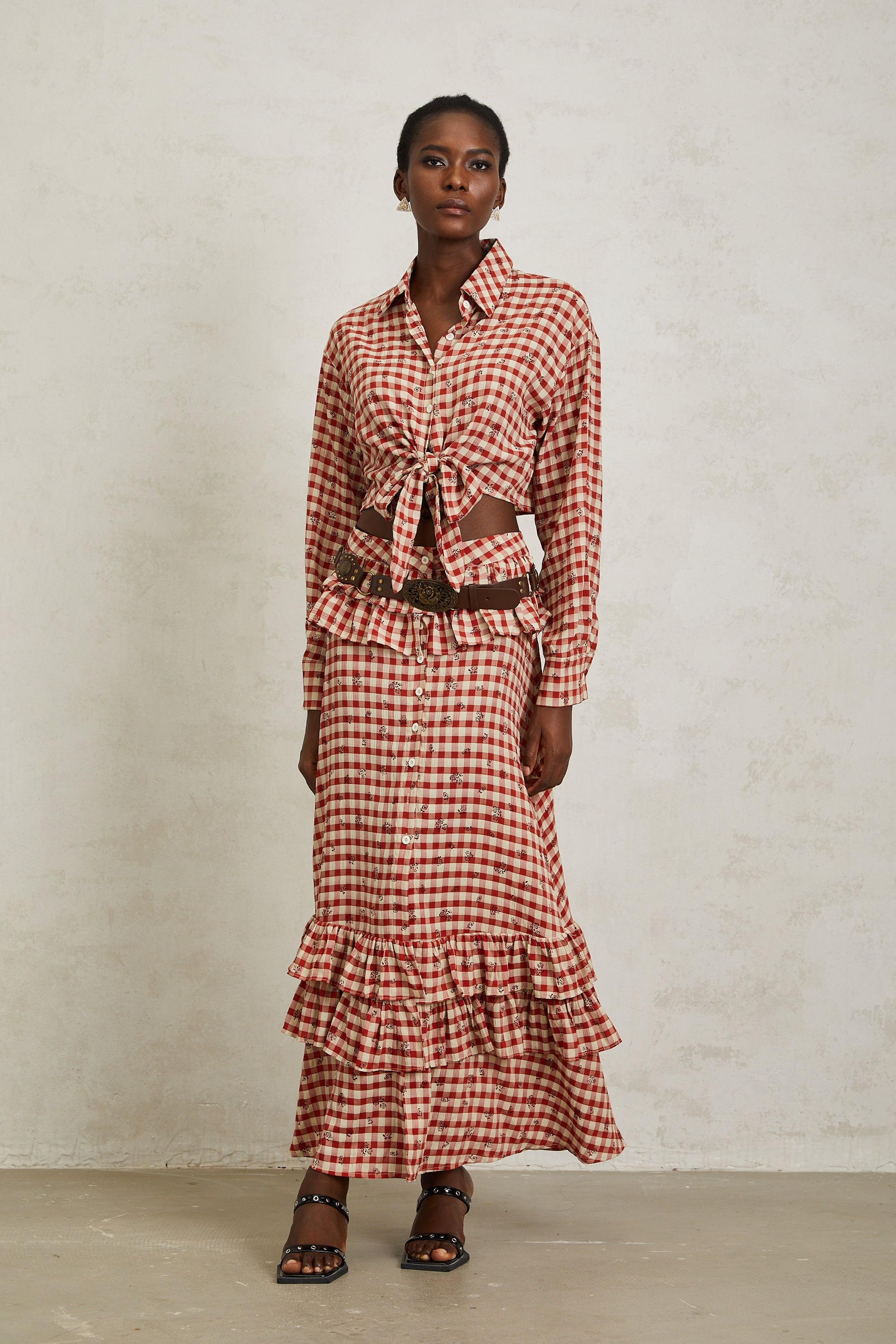 Céline Red Rose Print Plaid Shirt & Skirt Set