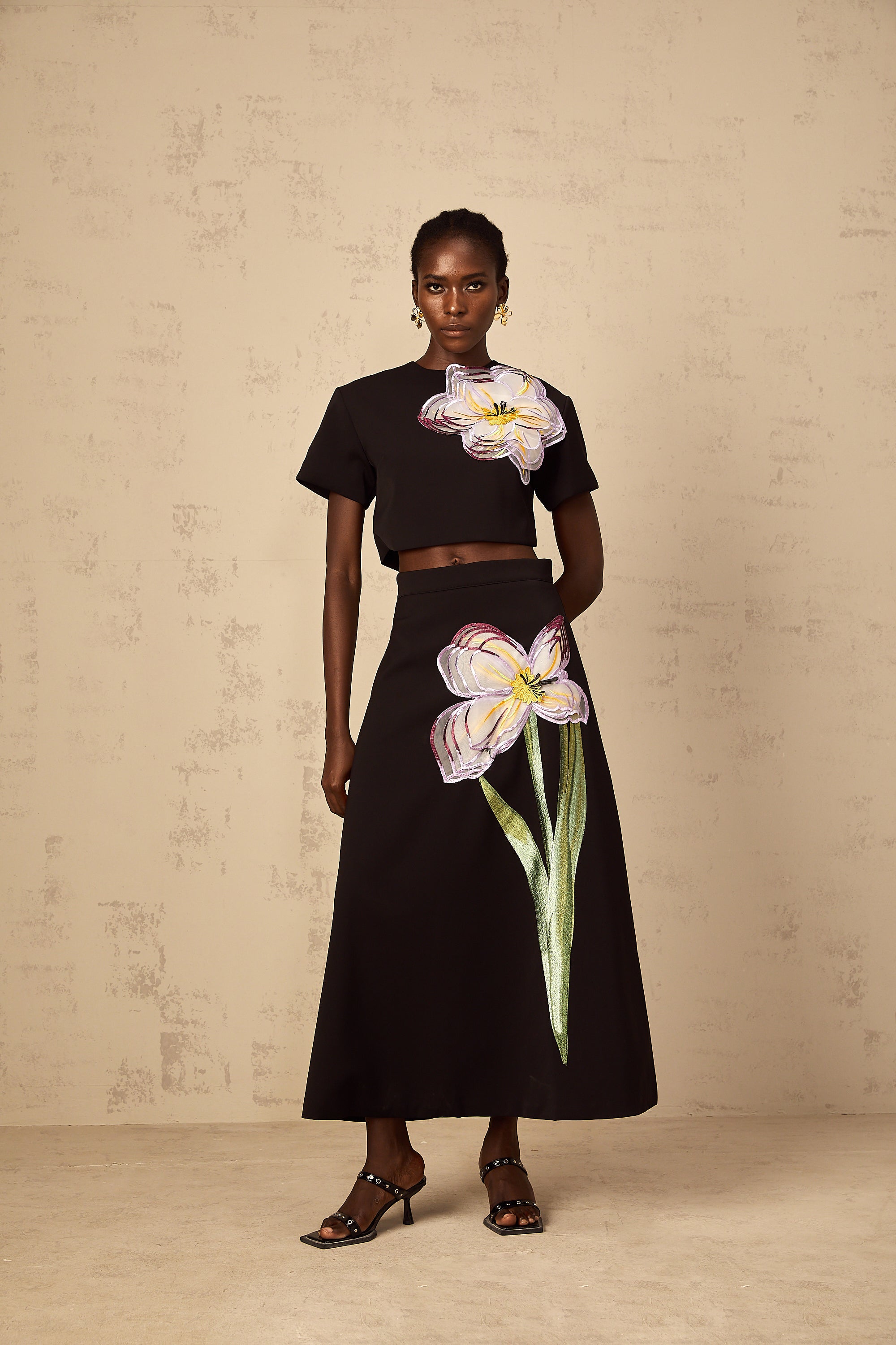 Irène Black Sequin Floral Embroidered Matching Set