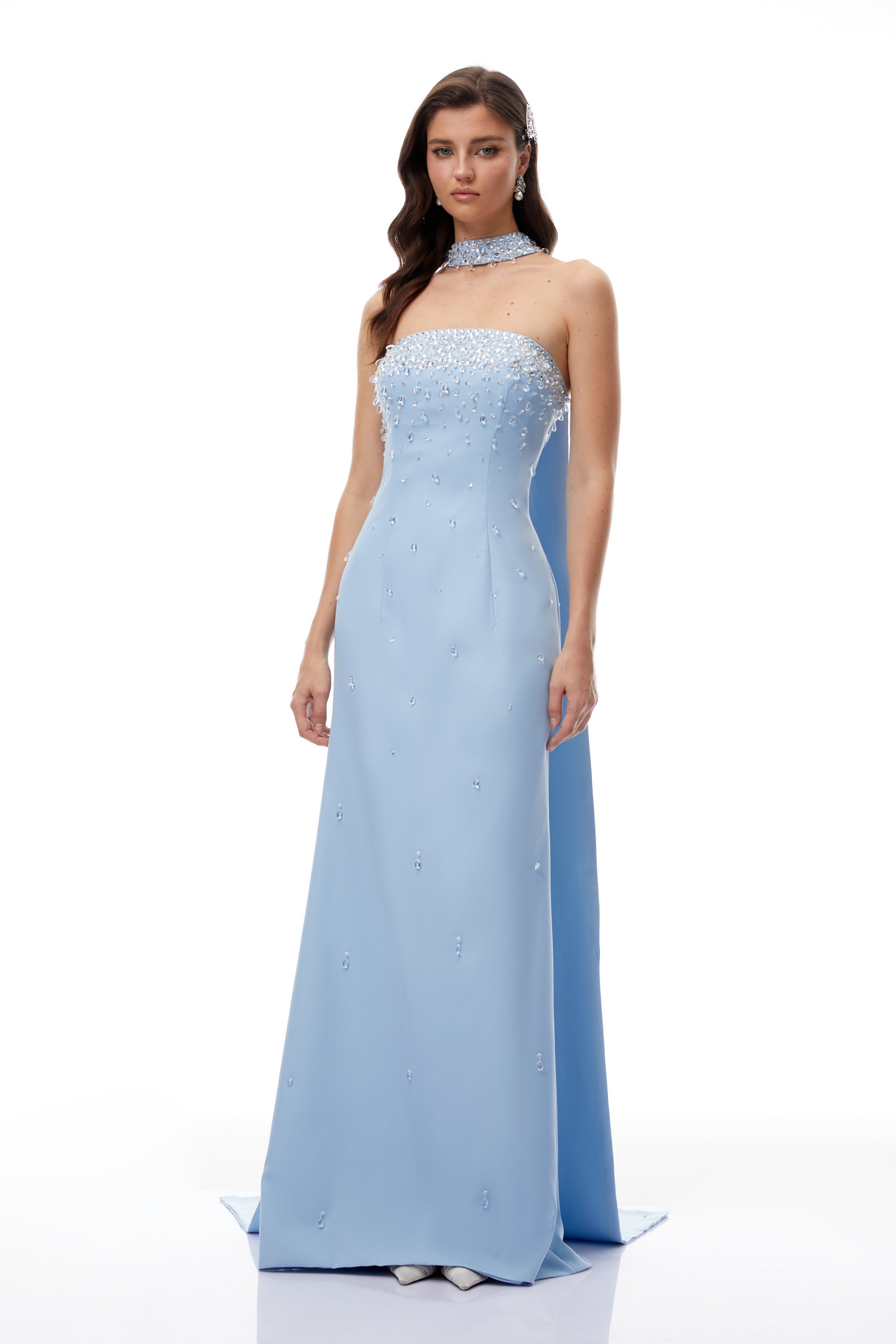 Arianna Blue Scarf Detail Embellished Maxi Gown