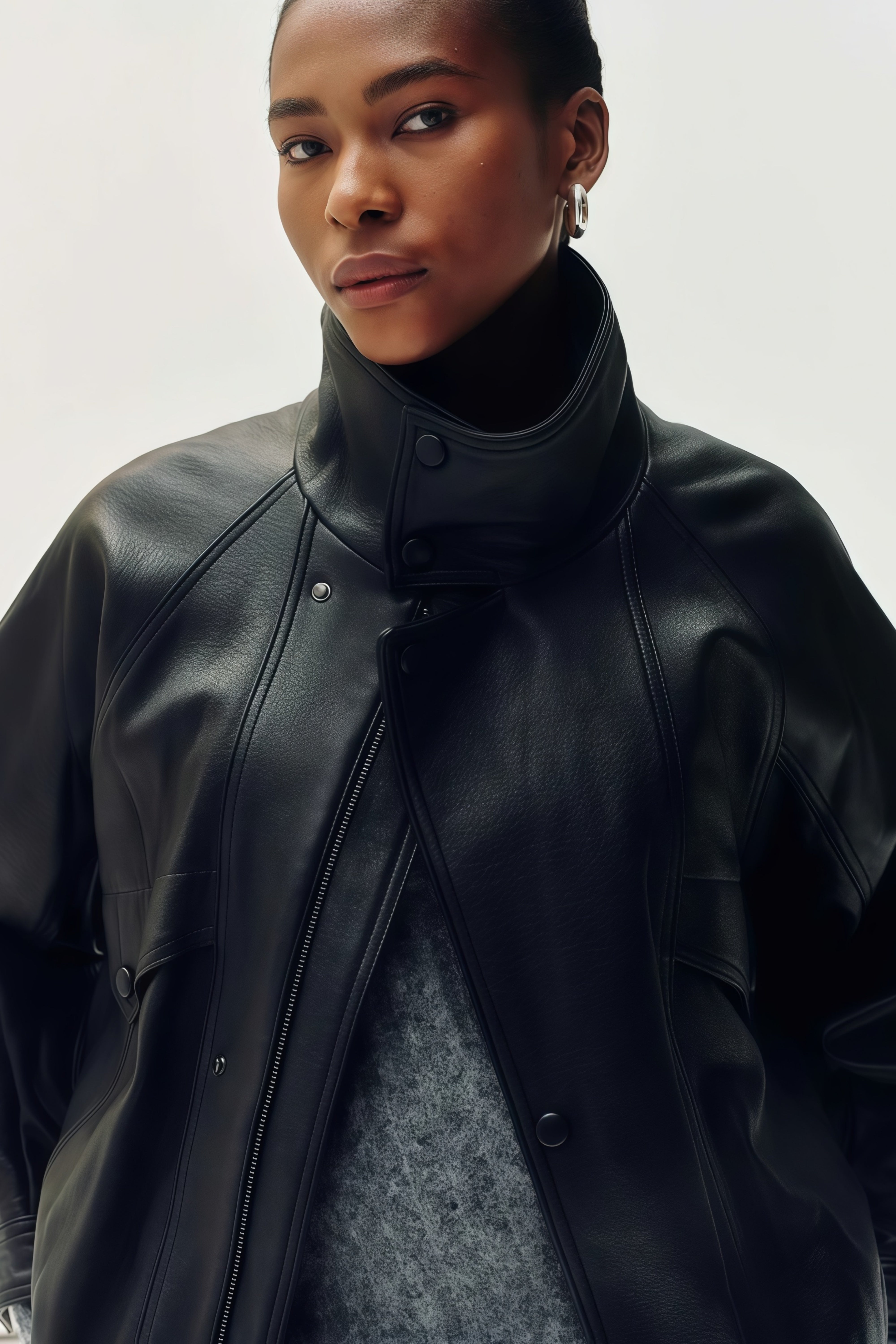 Fawn Black Stand Collar Leather Jacket