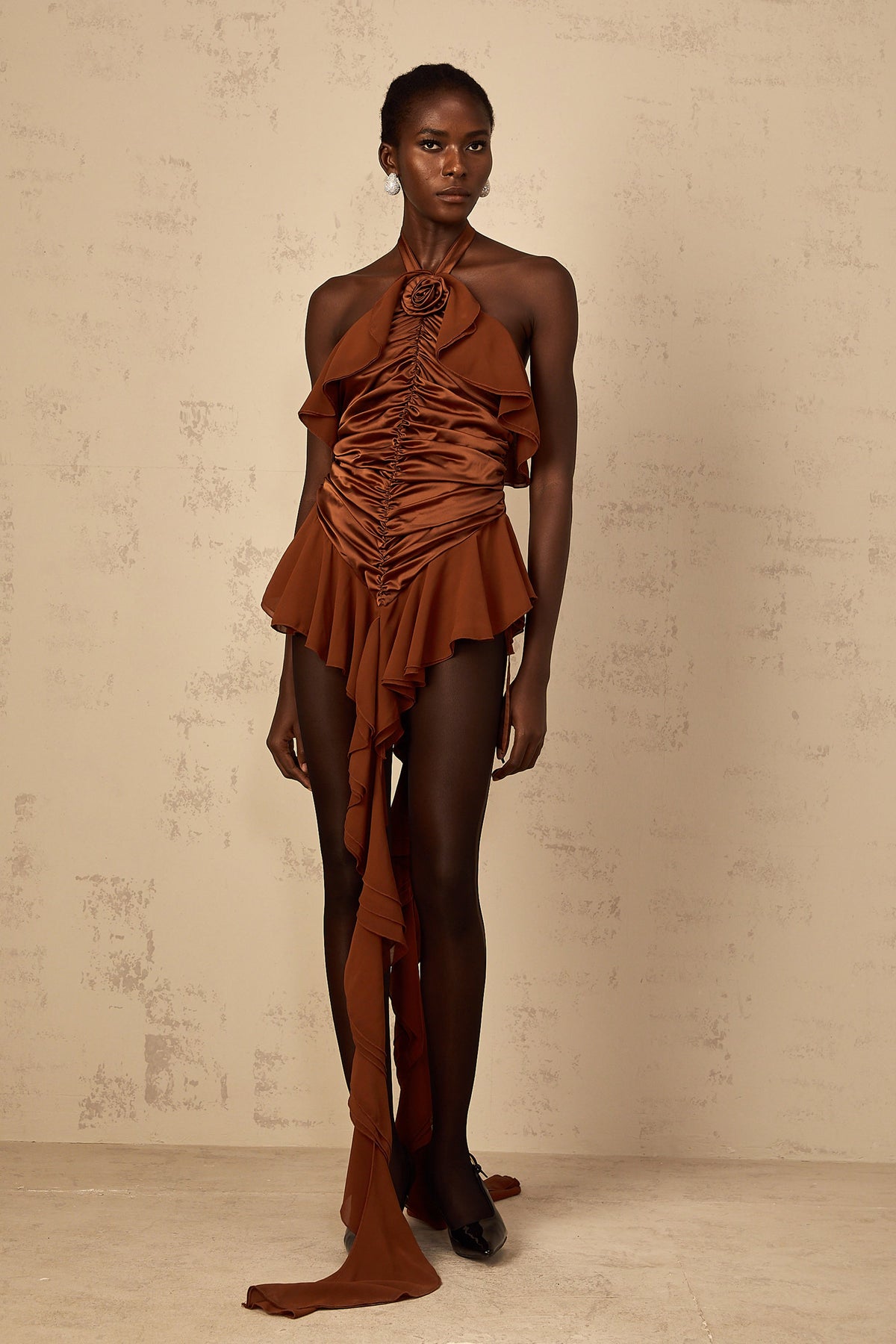 Léonie brown floral-appliqué ruched mini dress