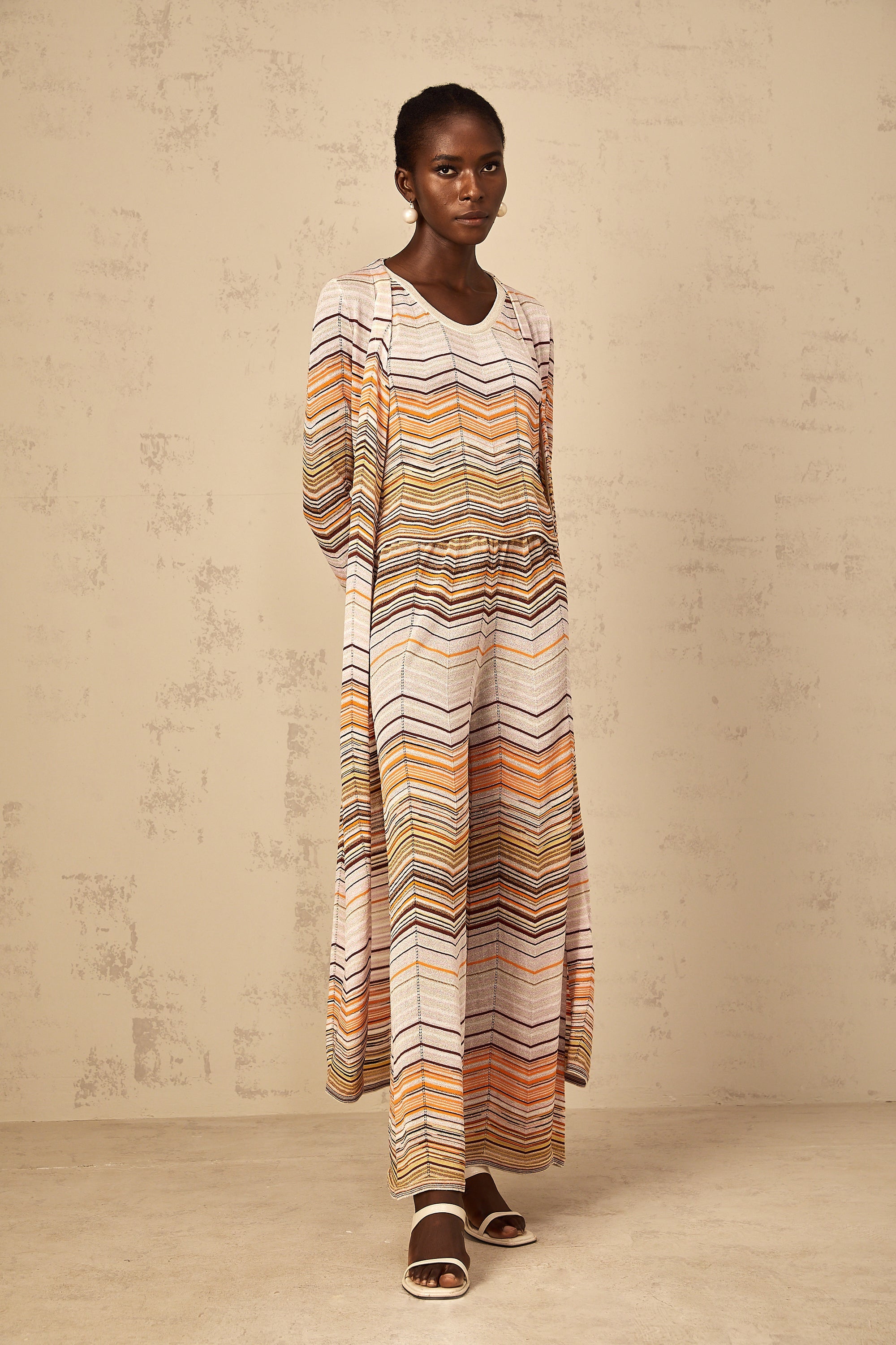 Chloé Neutral Striped Knit Long Cardigan