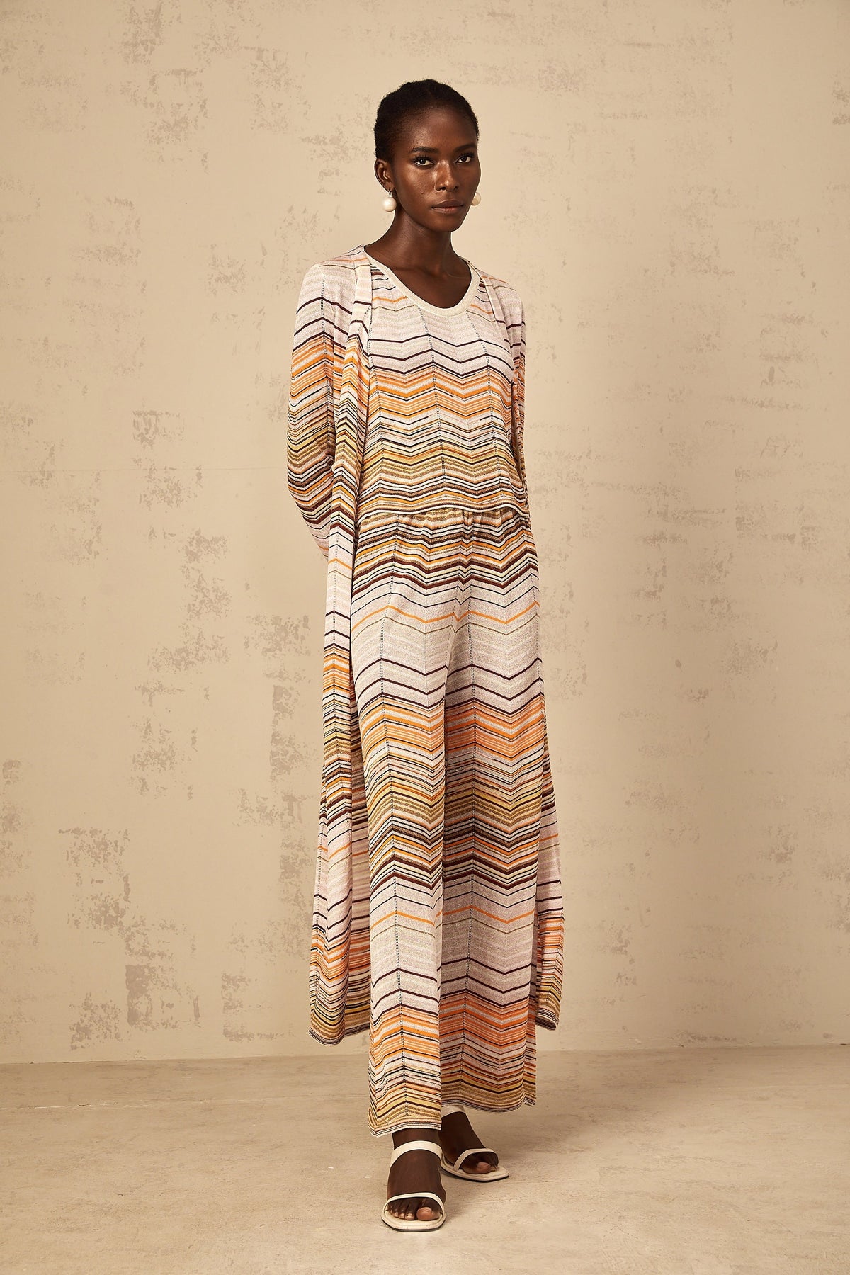 Chloé Neutral Striped Knit Long Cardigan