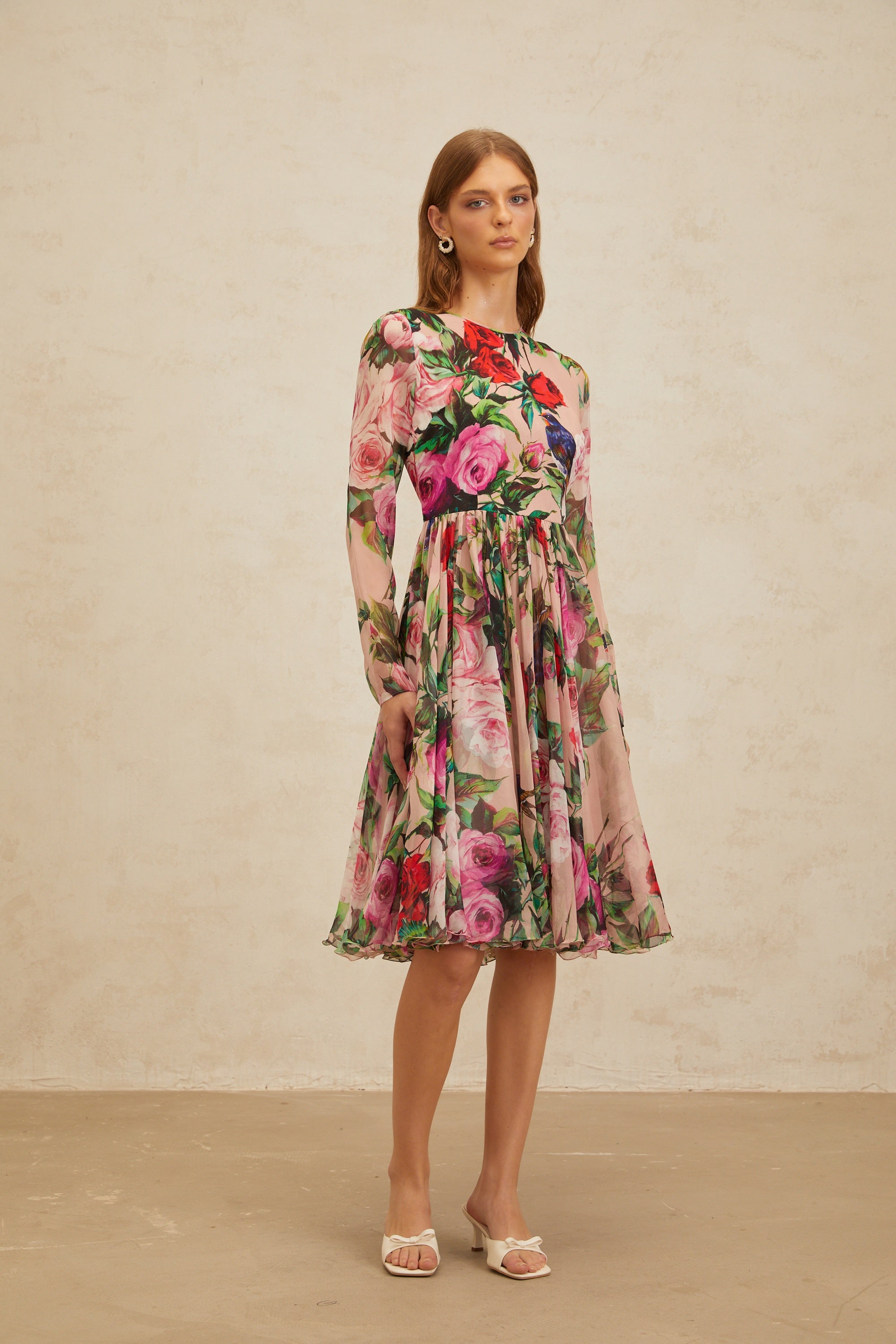 Coralie Pink Rose Print Summer Silk Midi Dress