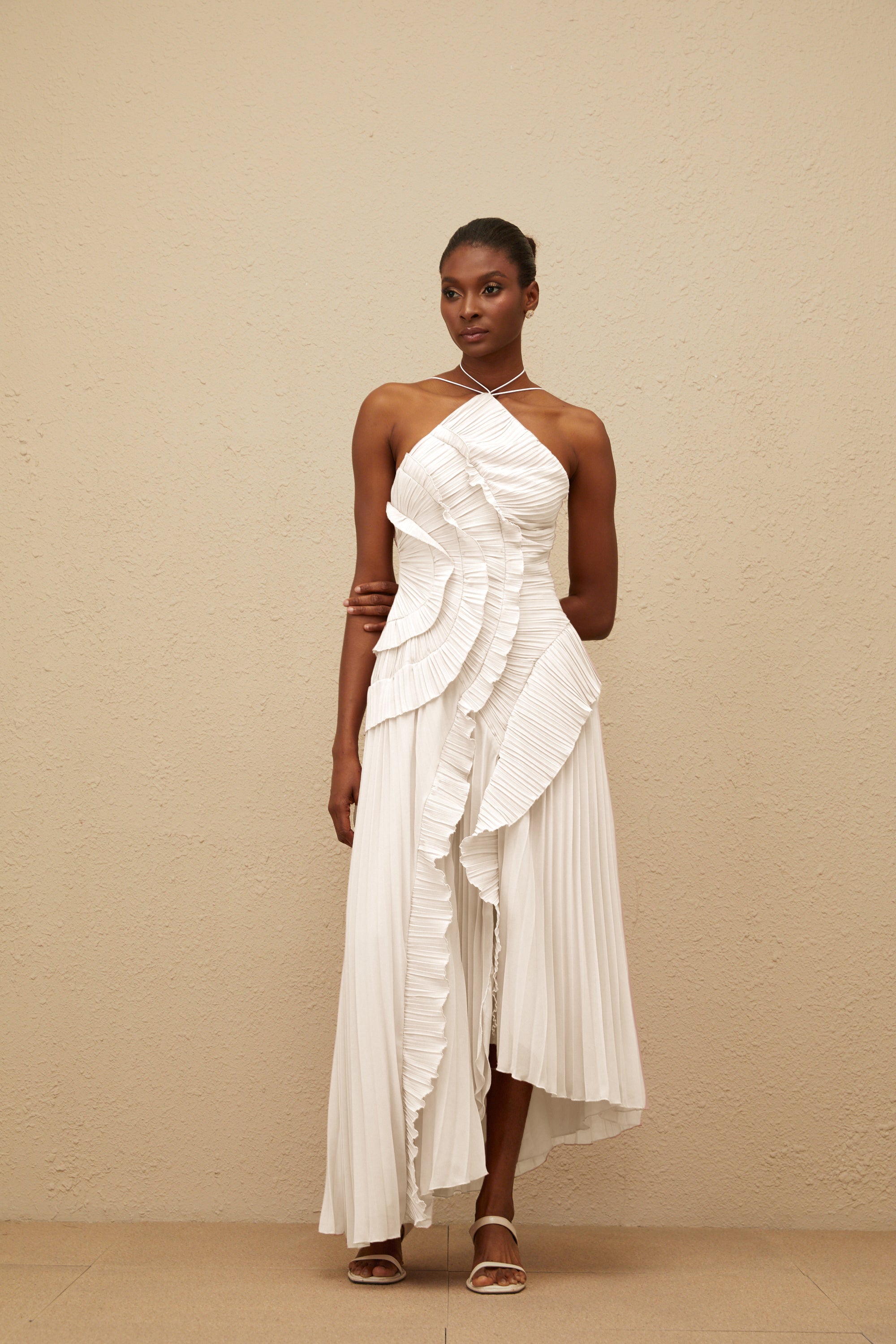 Doux White Ruffled Trim Pleated Midi Dress (Final Sale-US Only)