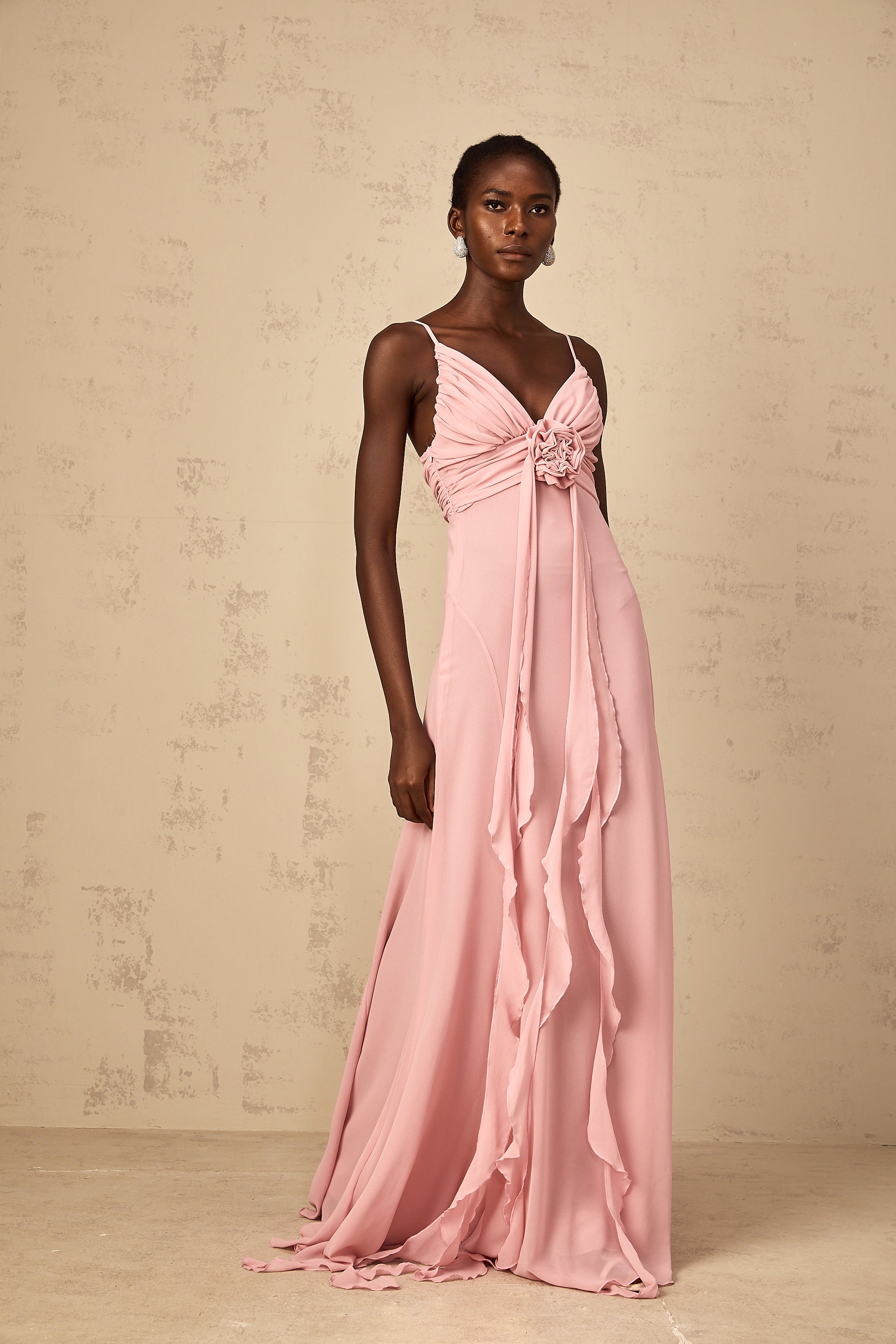 Ysandre Soft-Pink 3D Petal Tulle Maxi Dress