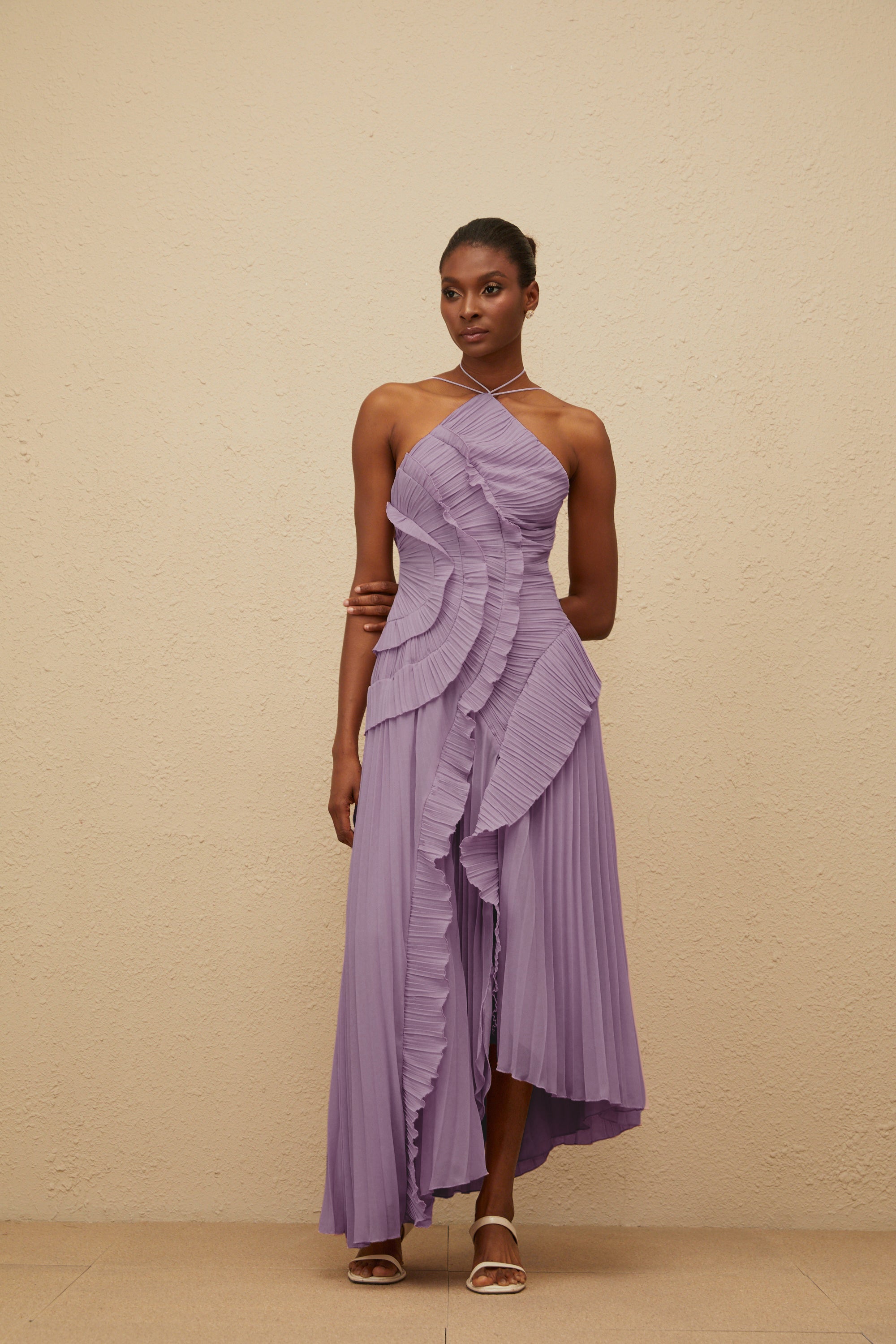 Doux Purple Ruffled Trim Pleated Midi Dress (Final Sale-US Only)