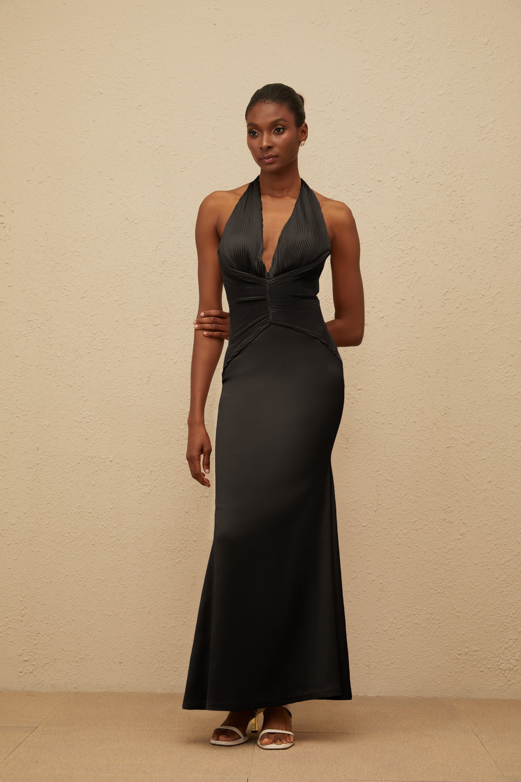 Colette Black Halterneck Ruched Satin Gown