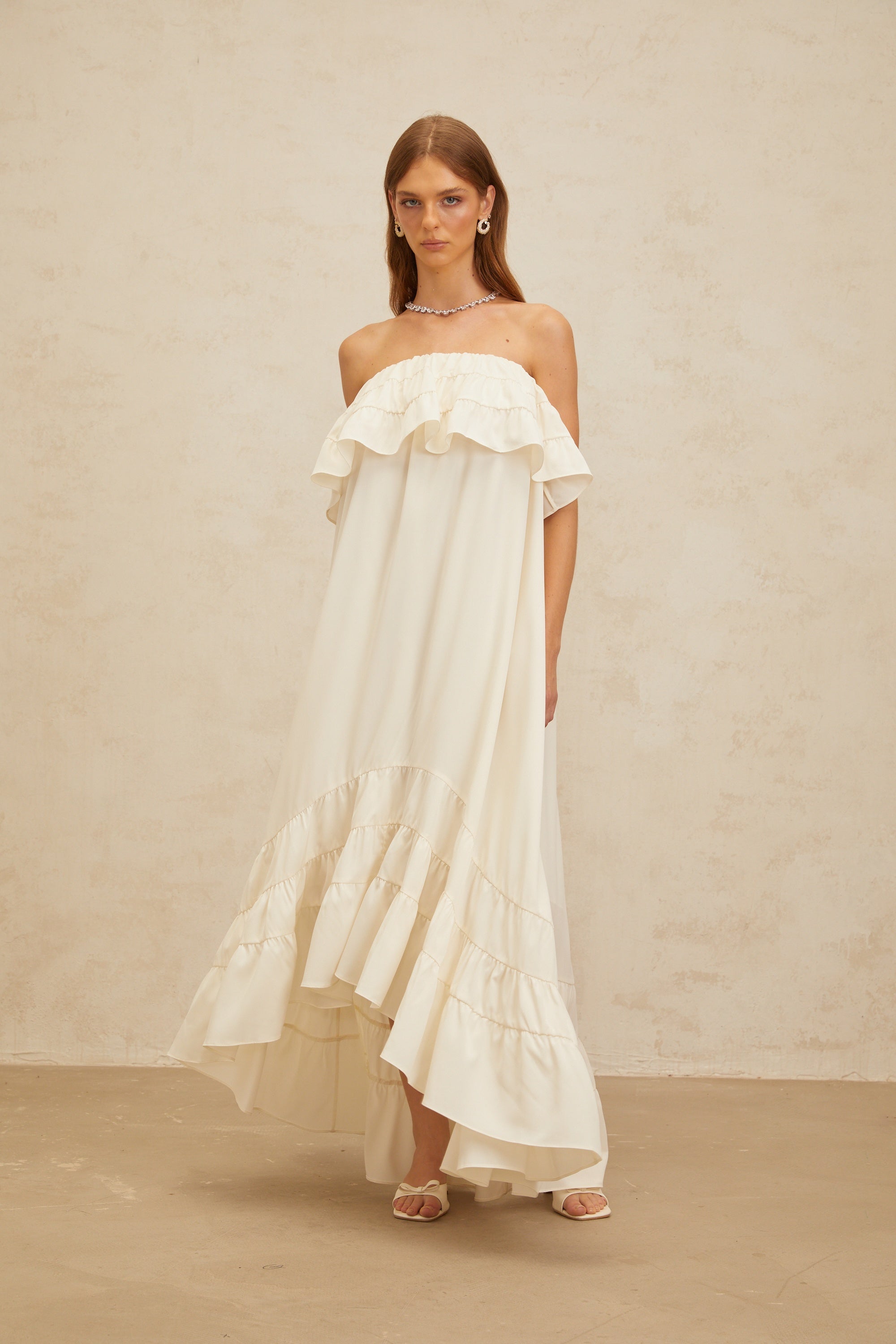 Bénédicte White Vibrant Off Shoulder Shirred Maxi Dress
