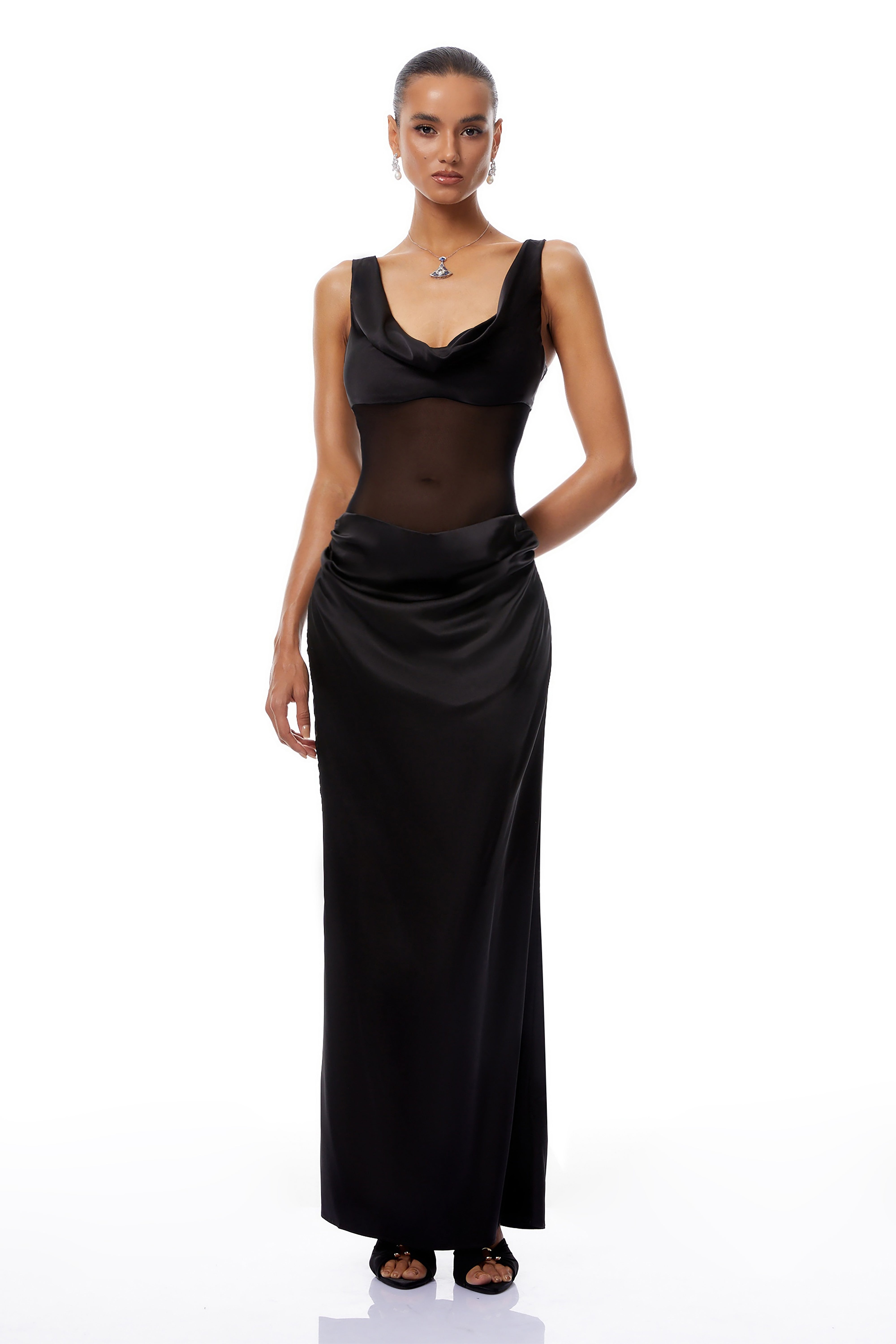 Pernilla Black Ruched Satin Maxi Dress