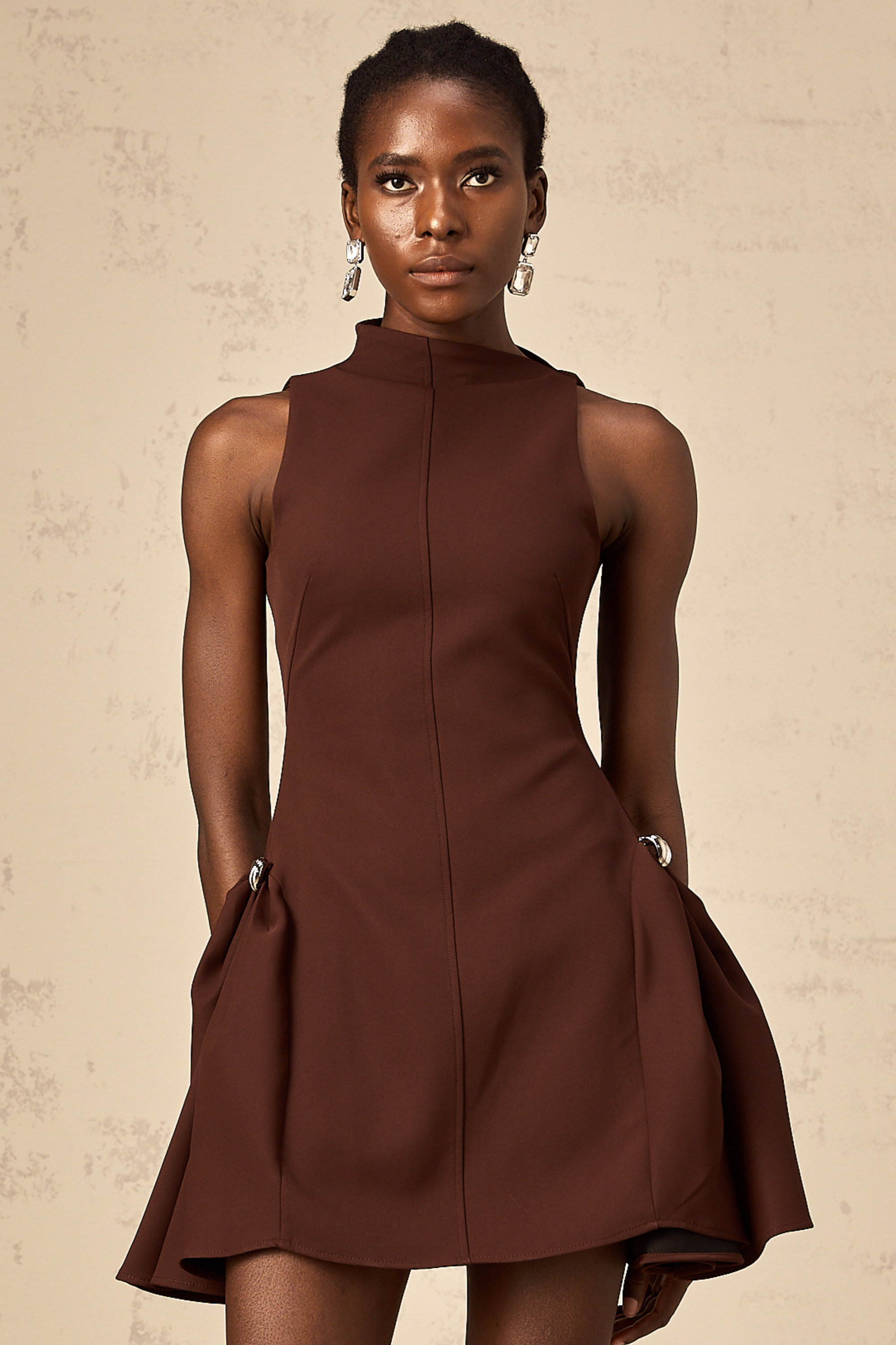 Dora brown asymmetrical-neck puff mini dress