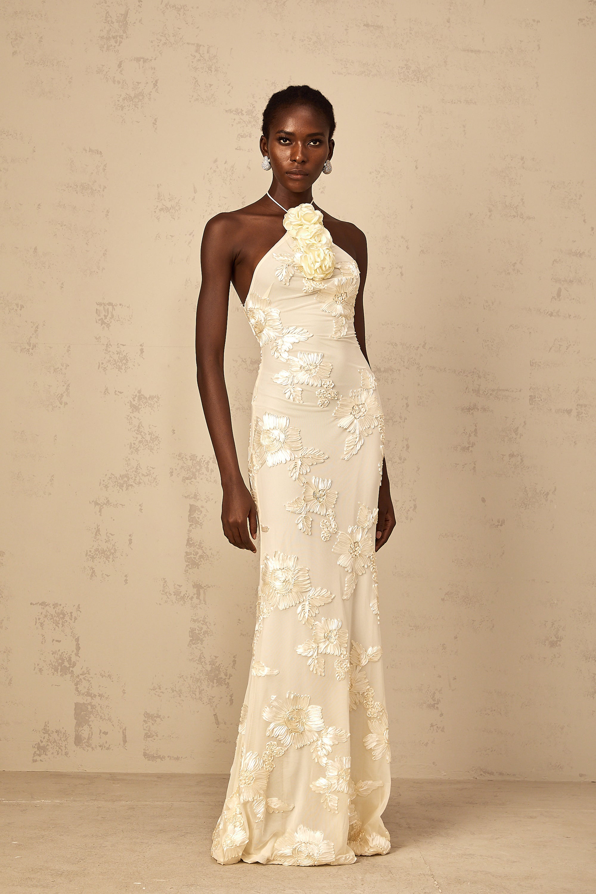 Melanie Neutrals Embroidered Halterneck Maxi Dress (Final Sale-US Only)