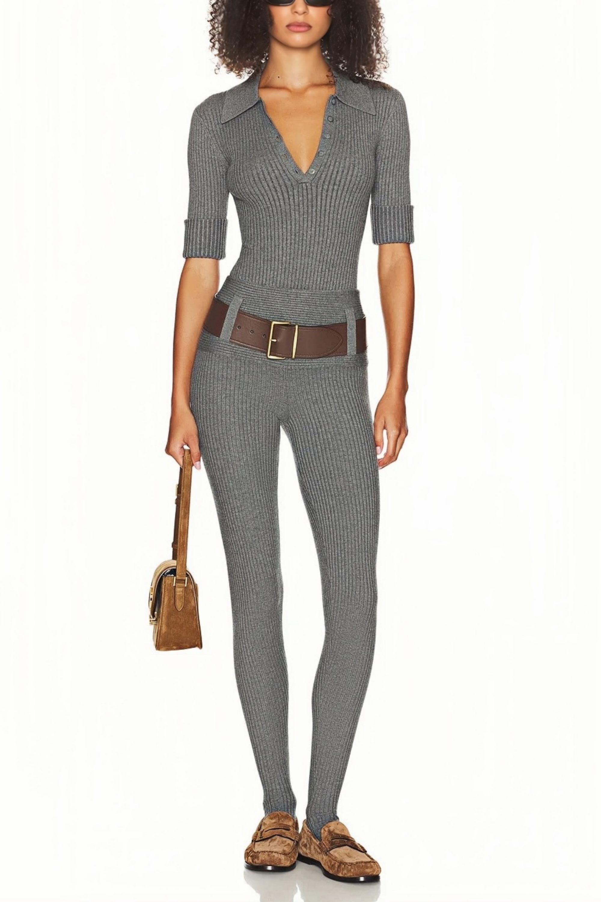Claire Grey Ribbed Knit Bodysuit & Trousers Set