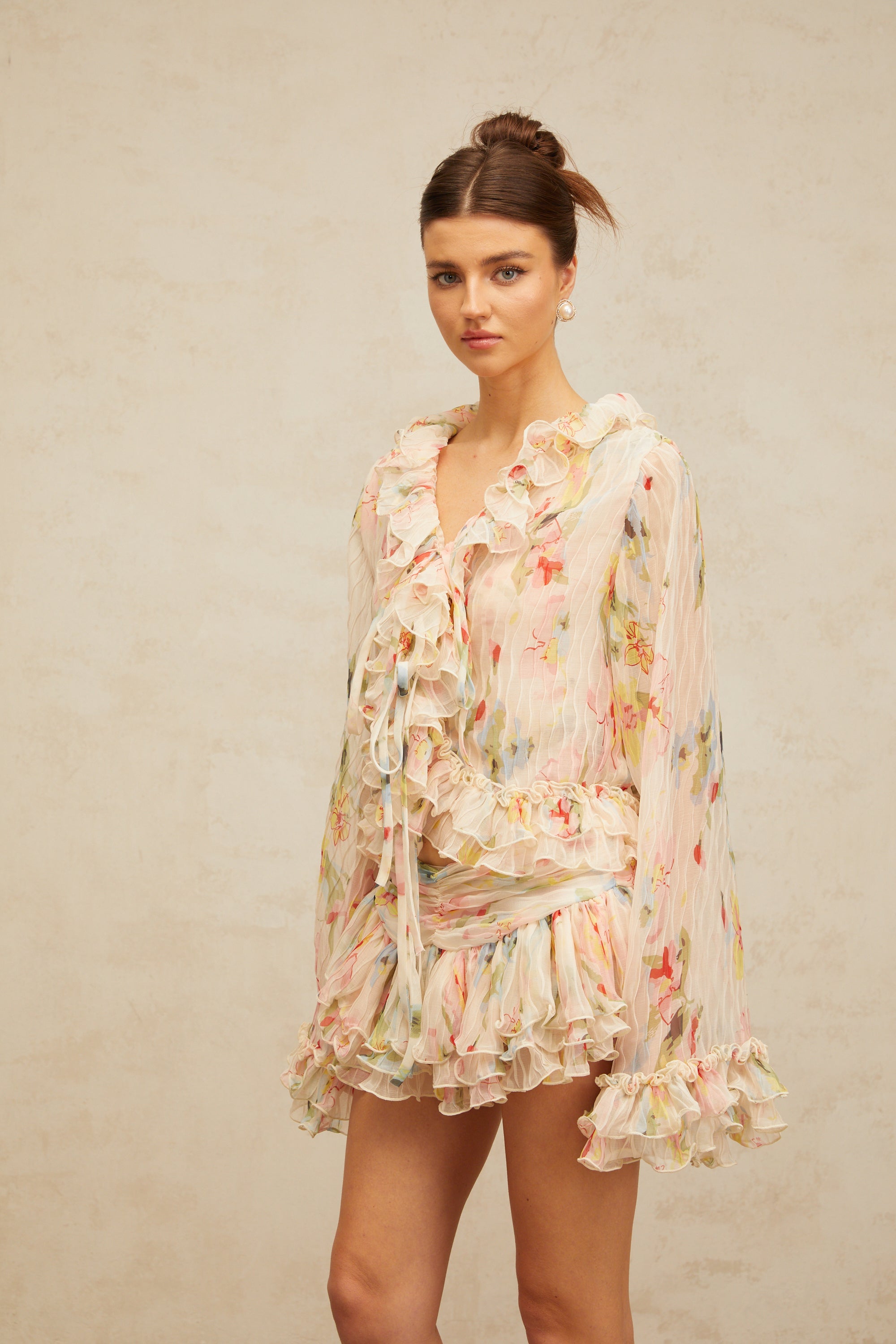 Donatienne floral-print ruffled blouse & skirt matching set